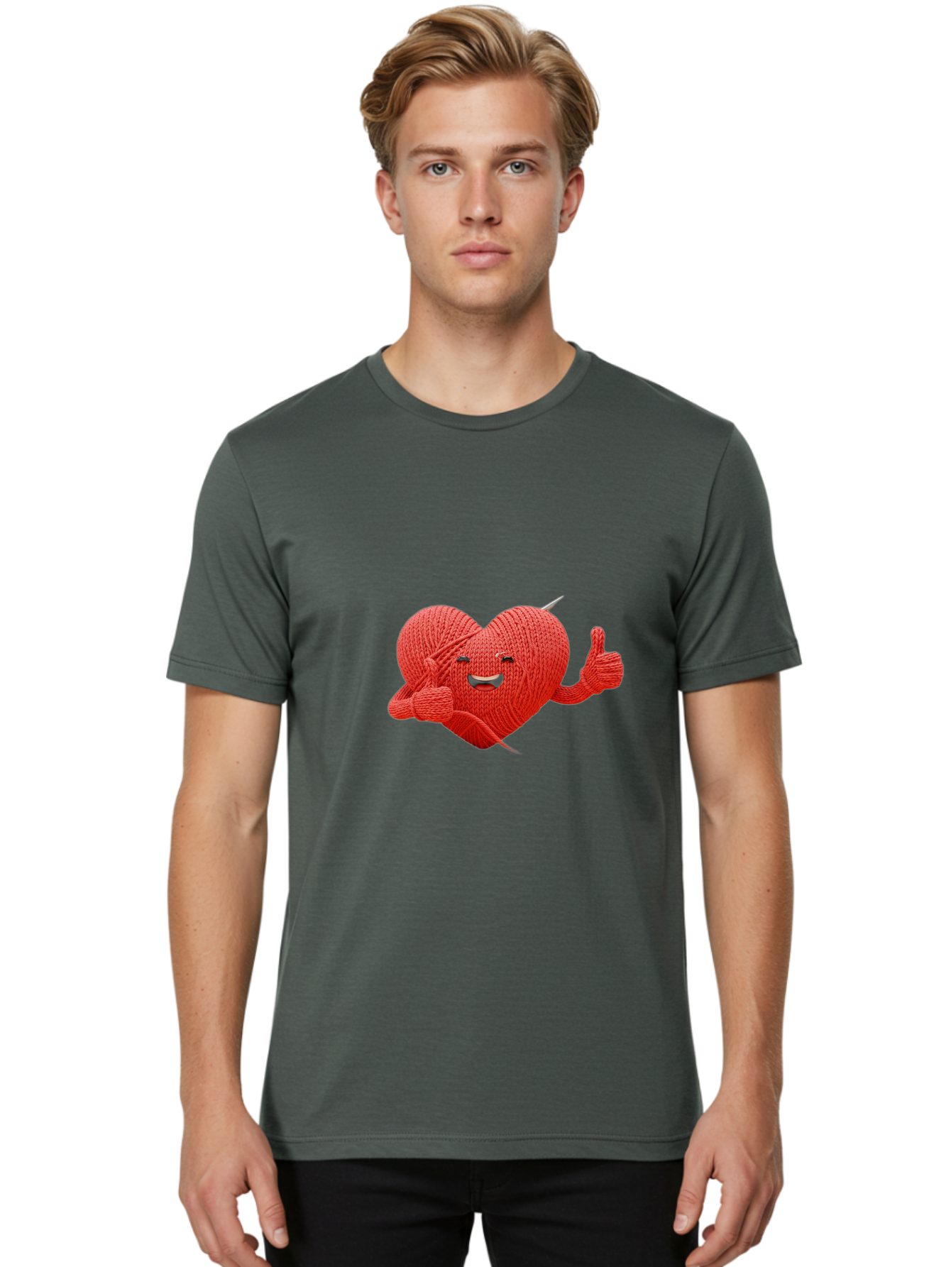 Yarn-Heart Men'S Graphic Tee, 100% Cotton, Comfortable Casual Summer Wear, Machine Washable, Knitted Heart, Cartoon Character, Knitting Yarn, Knitting Needles, Smiling Face, Thumbs Up, Happy Emotion, Creative Design, Quirky Illustration, Bae329 26