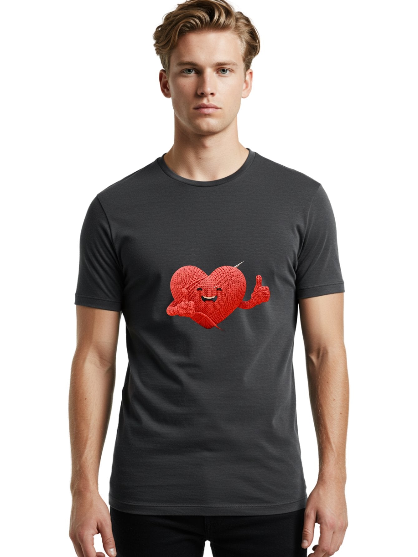 Yarn-Heart Men'S Graphic Tee, 100% Cotton, Comfortable Casual Summer Wear, Machine Washable, Knitted Heart, Cartoon Character, Knitting Yarn, Knitting Needles, Smiling Face, Thumbs Up, Happy Emotion, Creative Design, Quirky Illustration, Bae329 20