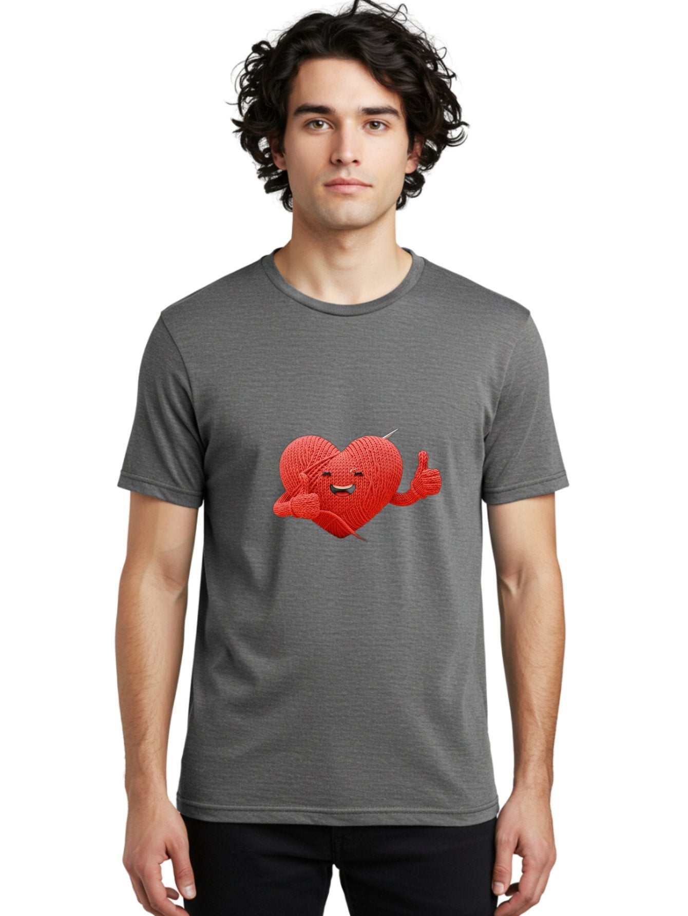 Yarn-Heart Men'S Graphic Tee, 100% Cotton, Comfortable Casual Summer Wear, Machine Washable, Knitted Heart, Cartoon Character, Knitting Yarn, Knitting Needles, Smiling Face, Thumbs Up, Happy Emotion, Creative Design, Quirky Illustration, Bae329 22
