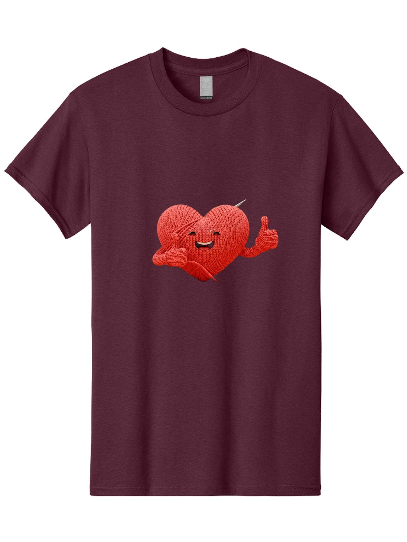 Yarn-Heart Men'S Graphic Tee, 100% Cotton, Comfortable Casual Summer Wear, Machine Washable, Knitted Heart, Cartoon Character, Knitting Yarn, Knitting Needles, Smiling Face, Thumbs Up, Happy Emotion, Creative Design, Quirky Illustration, Bae329