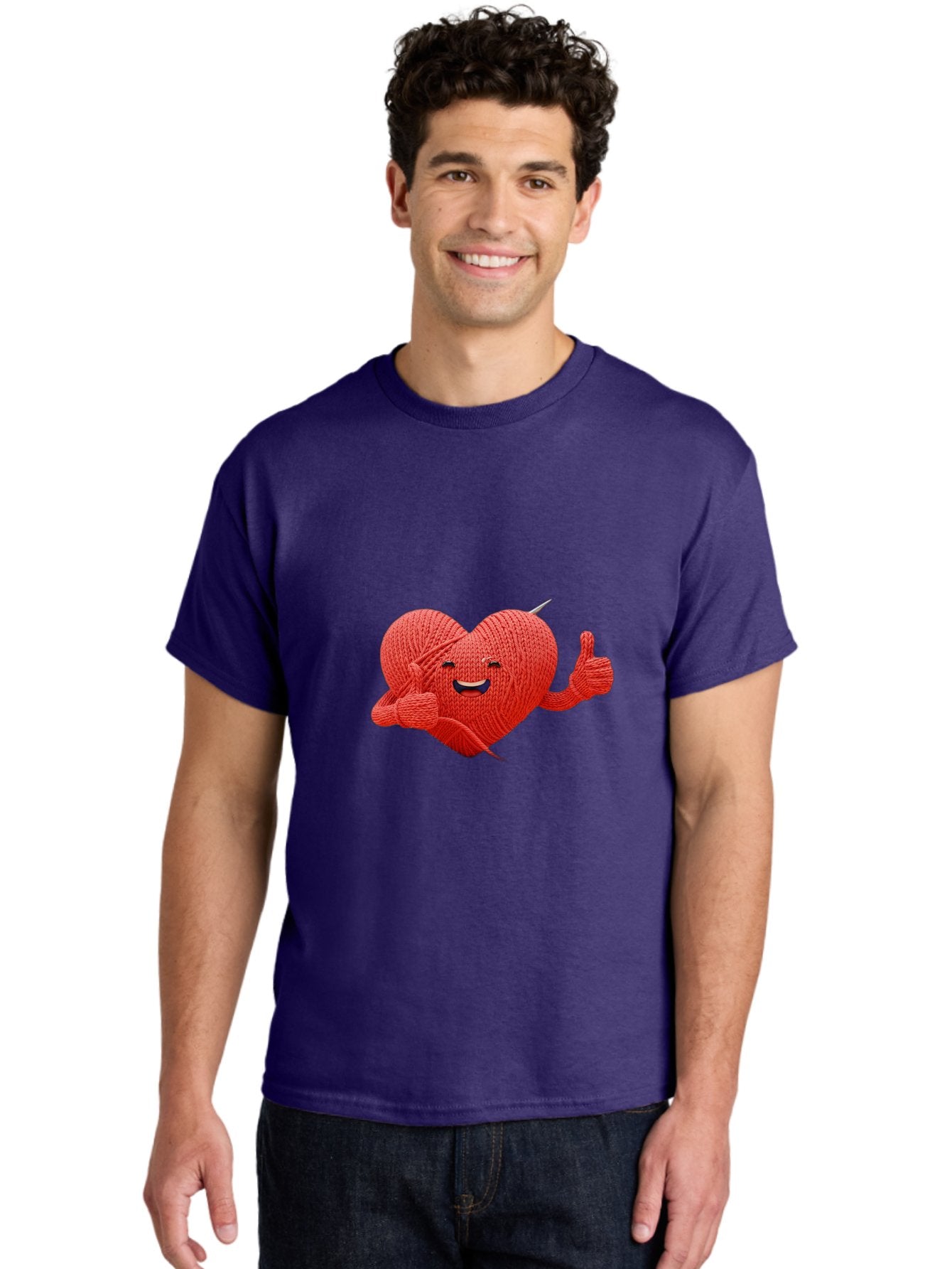 Yarn-Heart Men'S Graphic Tee, 100% Cotton, Comfortable Casual Summer Wear, Machine Washable, Knitted Heart, Cartoon Character, Knitting Yarn, Knitting Needles, Smiling Face, Thumbs Up, Happy Emotion, Creative Design, Quirky Illustration, Bae329 28