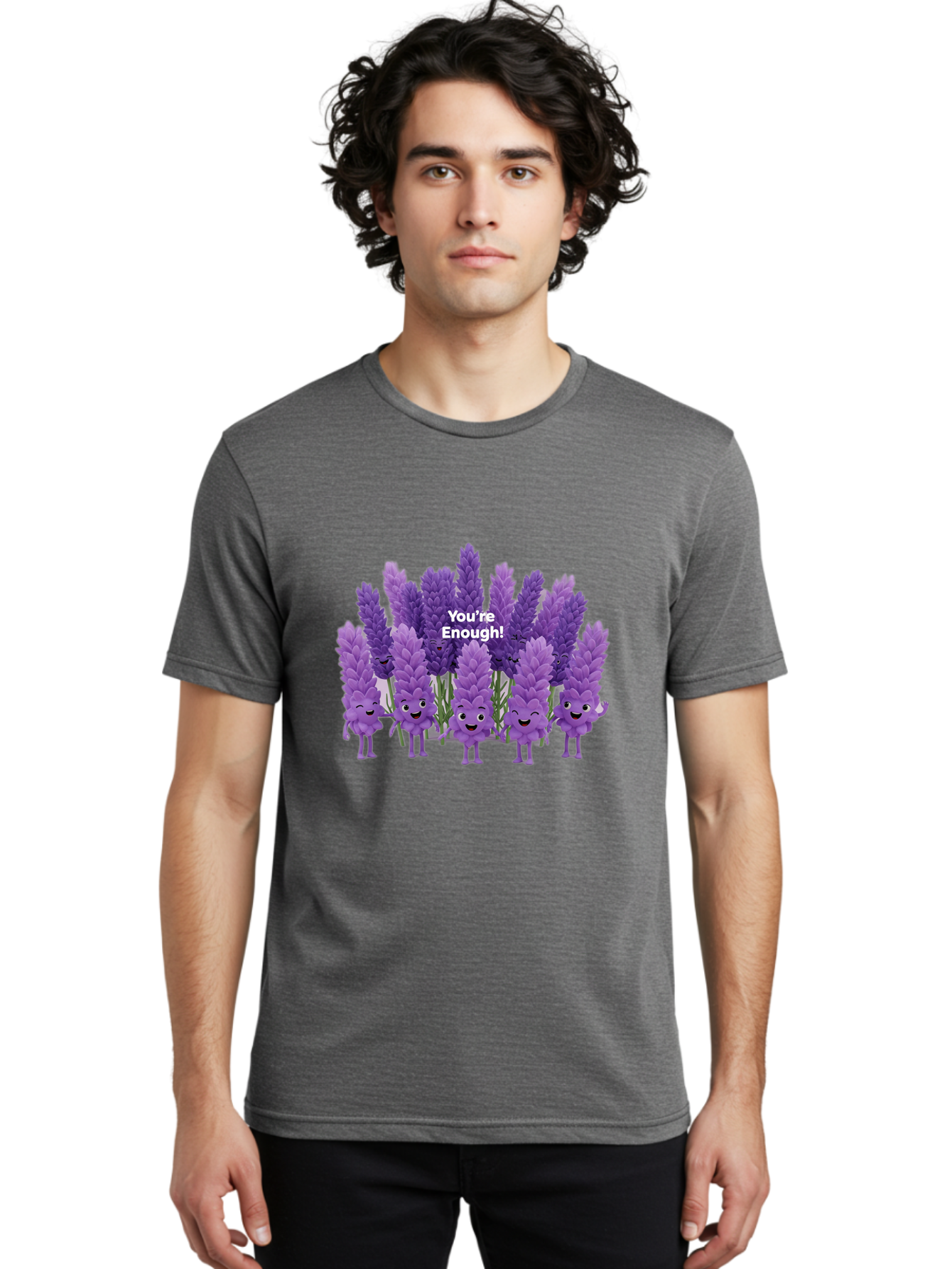 You-Re-Enough-Lavender Men'S Graphic Tee, 100% Cotton, Comfortable Casual Summer Wear, Machine Washable, Lavender Flowers, Happy Cartoon Characters, Purple Blooms, Positive Affirmation, You'Re Enough, Self Love, Mental Wellness, Happy Faces Bae331 22