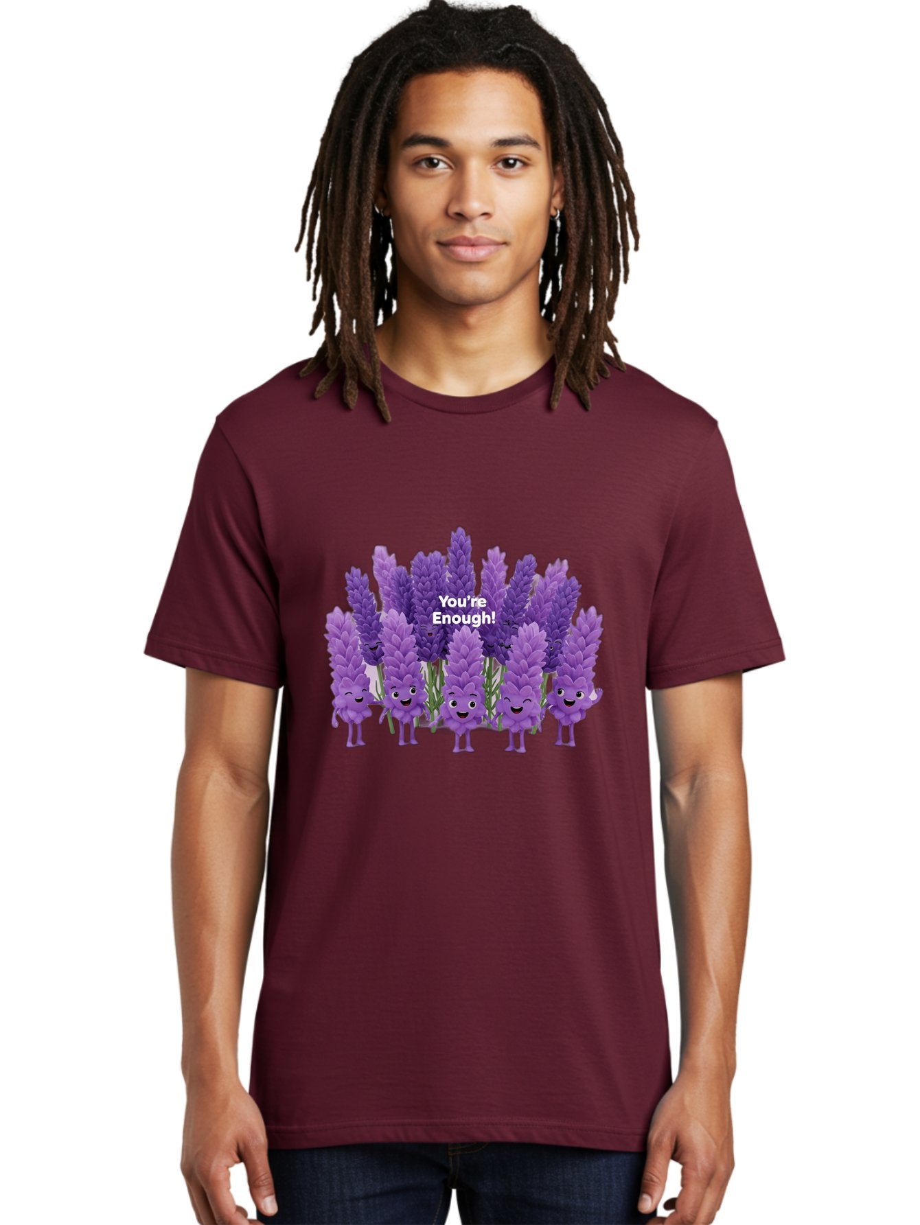 You-Re-Enough-Lavender Men'S Graphic Tee, 100% Cotton, Comfortable Casual Summer Wear, Machine Washable, Lavender Flowers, Happy Cartoon Characters, Purple Blooms, Positive Affirmation, You'Re Enough, Self Love, Mental Wellness, Happy Faces Bae331 23