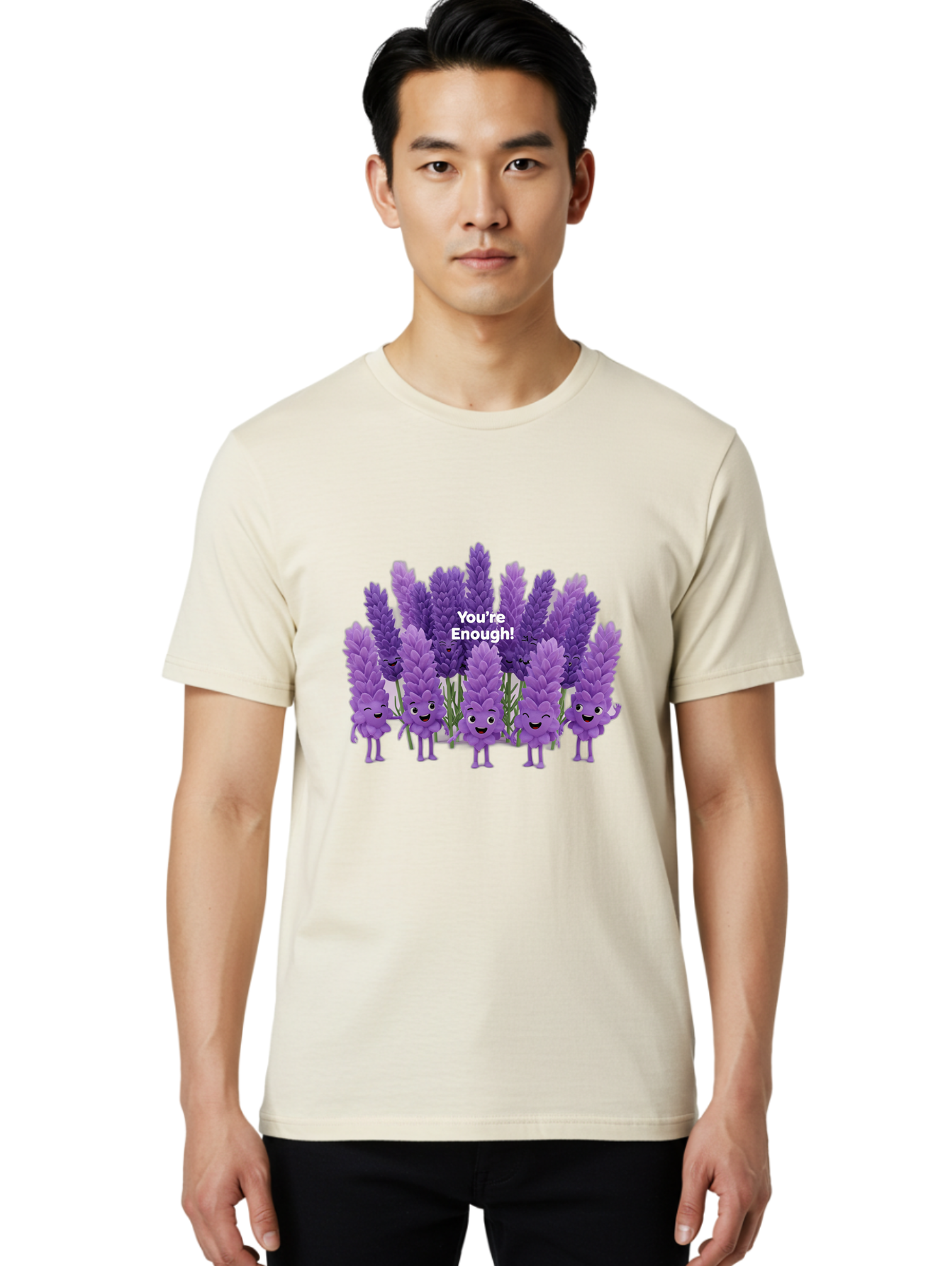 You-Re-Enough-Lavender Men'S Graphic Tee, 100% Cotton, Comfortable Casual Summer Wear, Machine Washable, Lavender Flowers, Happy Cartoon Characters, Purple Blooms, Positive Affirmation, You'Re Enough, Self Love, Mental Wellness, Happy Faces Bae331 25