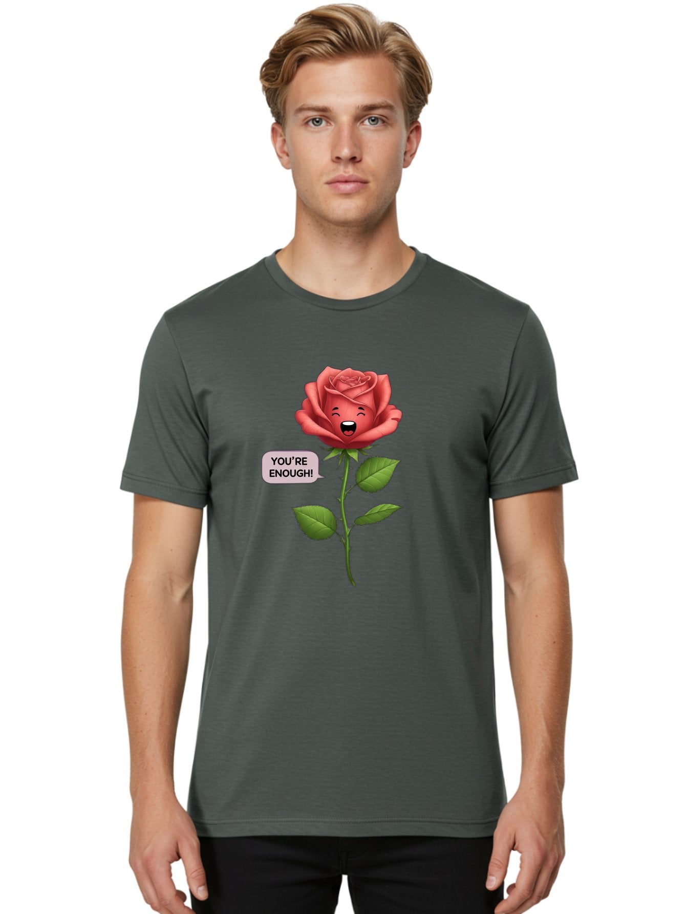 You-Re-Enough-Rose Men'S Graphic Tee, 100% Cotton, Comfortable Casual Summer Wear, Machine Washable, Rose With Face, You'Re Enough! Text, Positive Affirmation, Self-Love, Empowerment, Motivational Quote, Love Yourself, Floral Illustration, Bae332 17