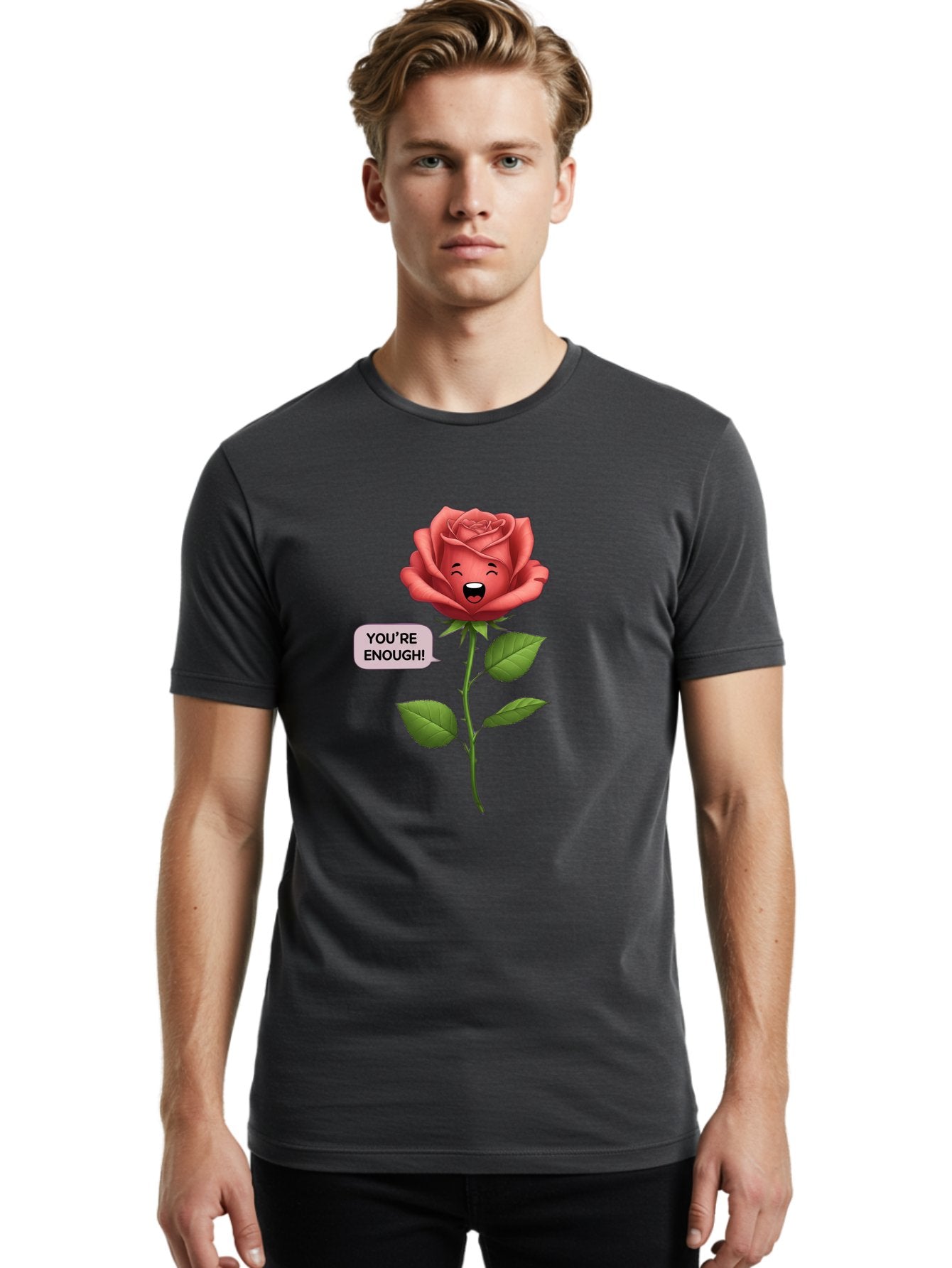 You-Re-Enough-Rose Men'S Graphic Tee, 100% Cotton, Comfortable Casual Summer Wear, Machine Washable, Rose With Face, You'Re Enough! Text, Positive Affirmation, Self-Love, Empowerment, Motivational Quote, Love Yourself, Floral Illustration, Bae332 18
