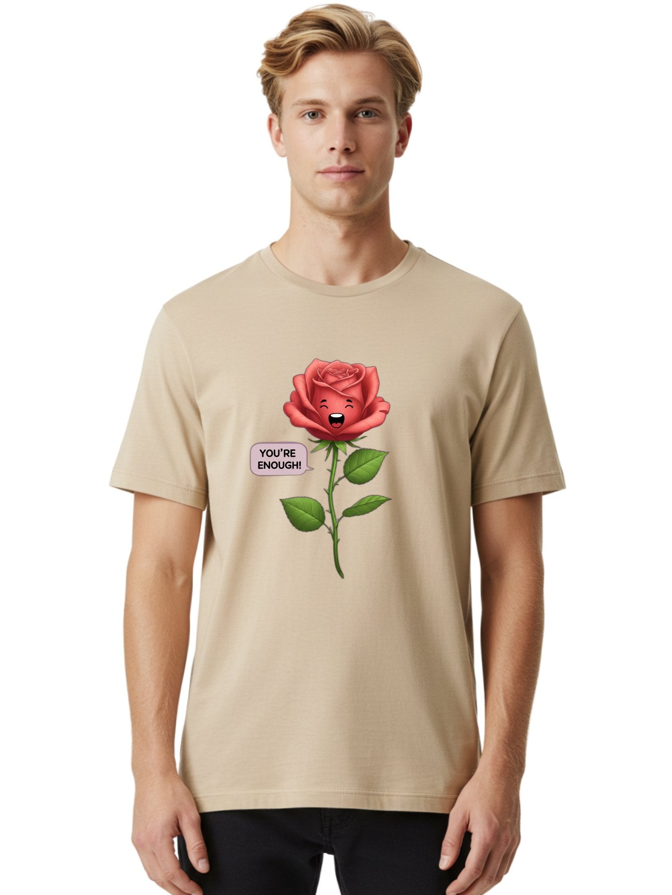 You-Re-Enough-Rose Men'S Graphic Tee, 100% Cotton, Comfortable Casual Summer Wear, Machine Washable, Rose With Face, You'Re Enough! Text, Positive Affirmation, Self-Love, Empowerment, Motivational Quote, Love Yourself, Floral Illustration, Bae332 27
