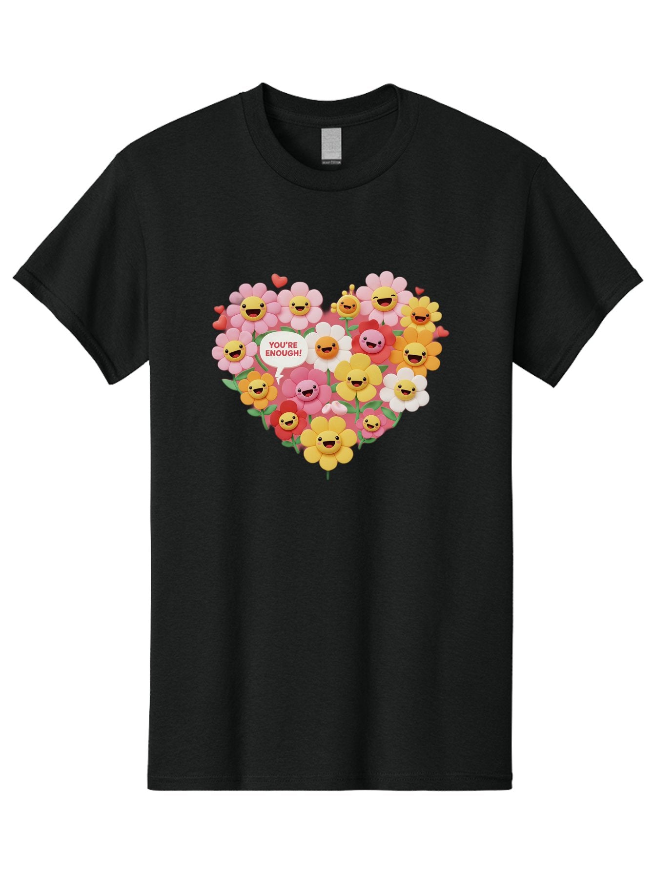You-Re-Enough Men'S Graphic Tee, 100% Cotton, Comfortable Casual Summer Wear, Machine Washable, Heart-Shaped Arrangement Of Flowers, Smiling Emojis, Positive Affirmation, You'Re Enough, Cute Design, Floral Pattern, Uplifting Message, Bae333 4