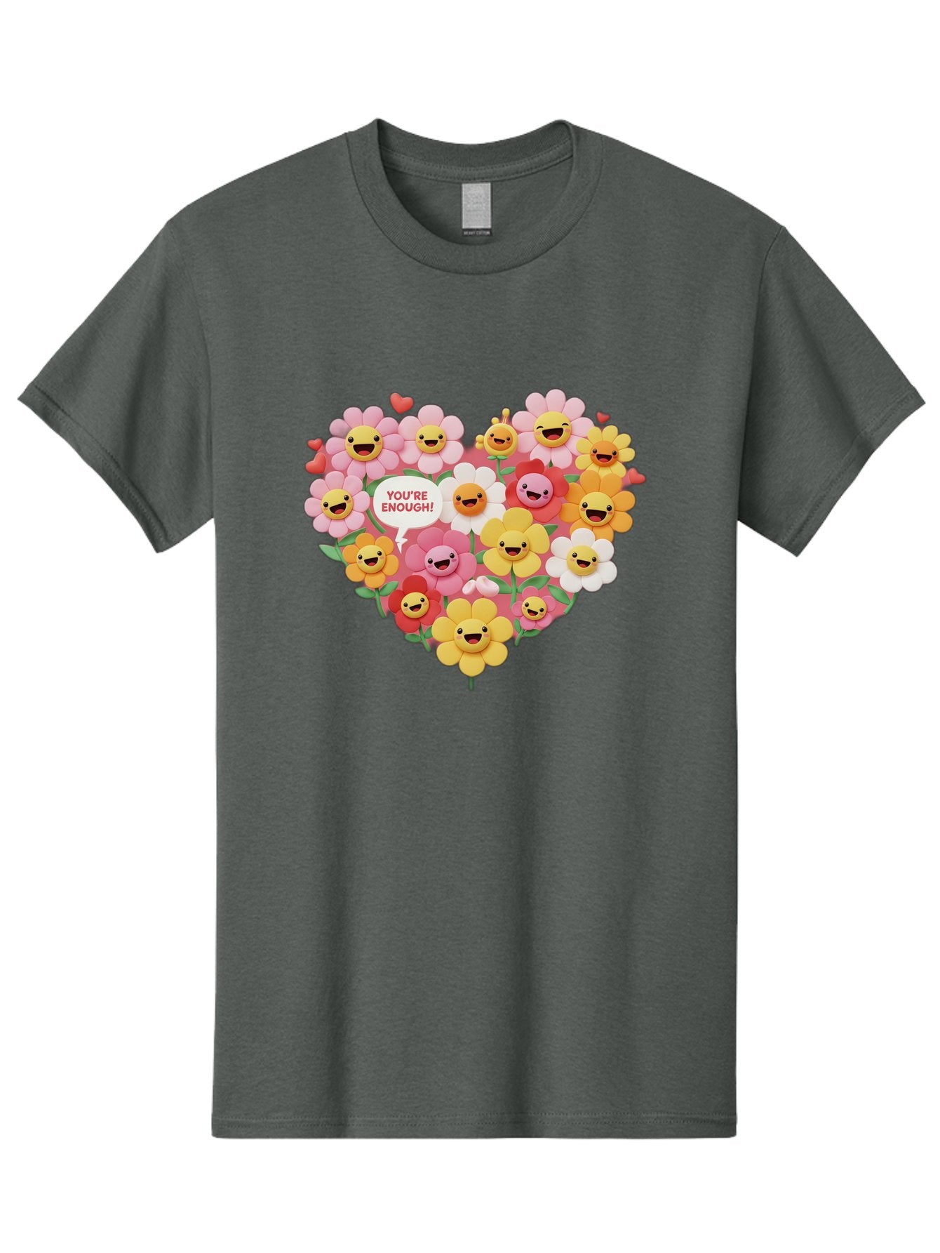 You-Re-Enough Men'S Graphic Tee, 100% Cotton, Comfortable Casual Summer Wear, Machine Washable, Heart-Shaped Arrangement Of Flowers, Smiling Emojis, Positive Affirmation, You'Re Enough, Cute Design, Floral Pattern, Uplifting Message, Bae333 13