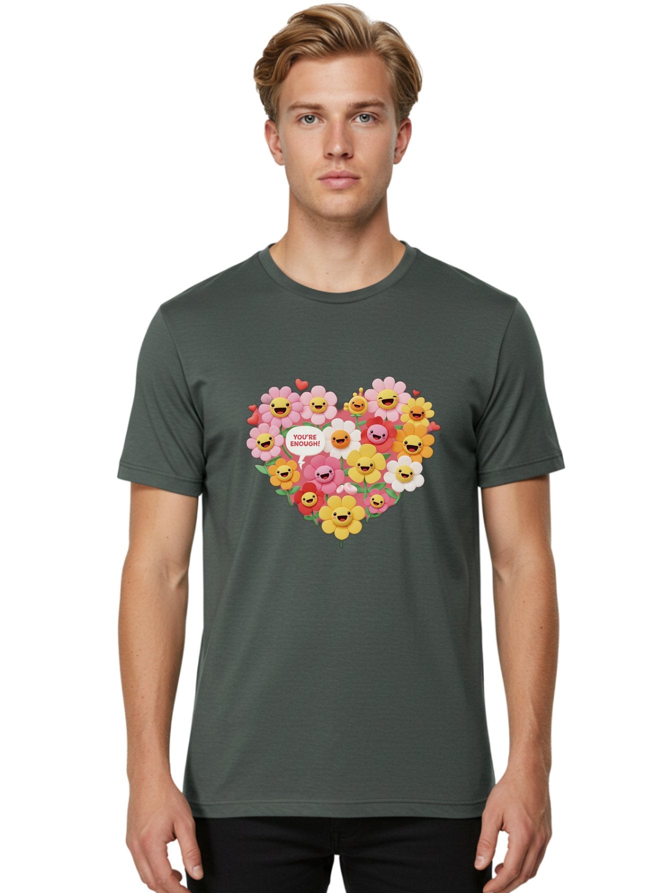 You-Re-Enough Men'S Graphic Tee, 100% Cotton, Comfortable Casual Summer Wear, Machine Washable, Heart-Shaped Arrangement Of Flowers, Smiling Emojis, Positive Affirmation, You'Re Enough, Cute Design, Floral Pattern, Uplifting Message, Bae333 20