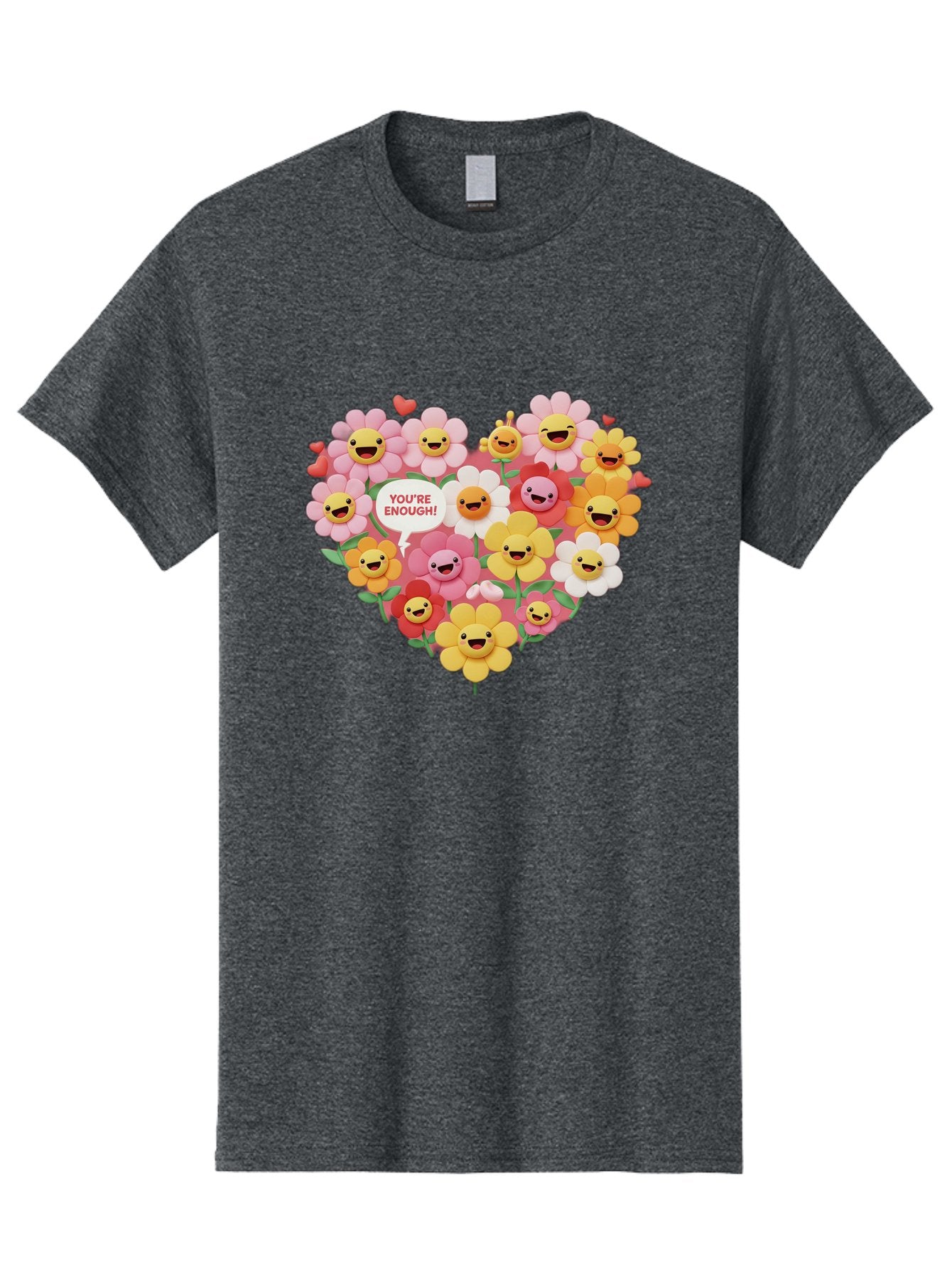 You-Re-Enough Men'S Graphic Tee, 100% Cotton, Comfortable Casual Summer Wear, Machine Washable, Heart-Shaped Arrangement Of Flowers, Smiling Emojis, Positive Affirmation, You'Re Enough, Cute Design, Floral Pattern, Uplifting Message, Bae333