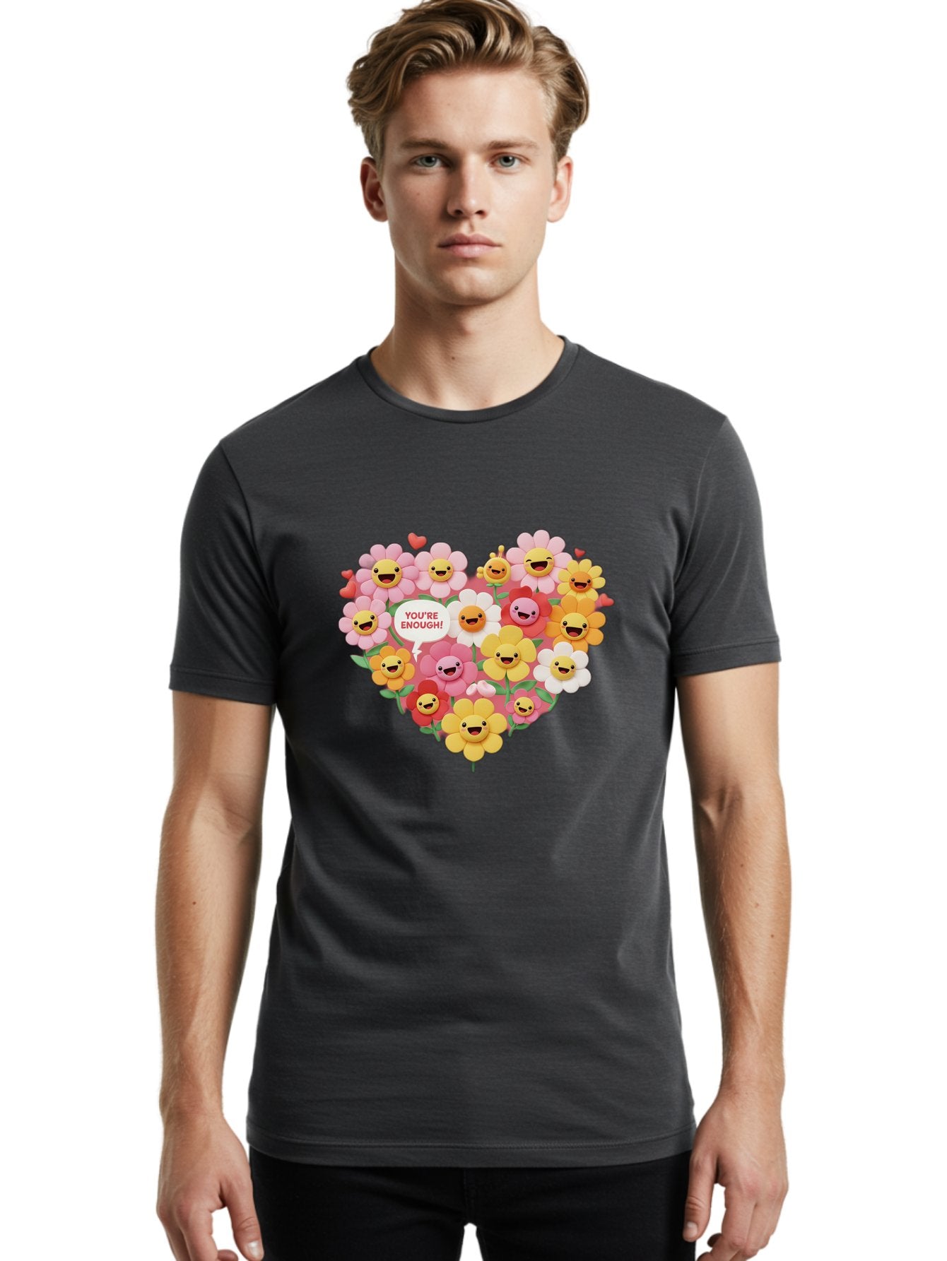 You-Re-Enough Men'S Graphic Tee, 100% Cotton, Comfortable Casual Summer Wear, Machine Washable, Heart-Shaped Arrangement Of Flowers, Smiling Emojis, Positive Affirmation, You'Re Enough, Cute Design, Floral Pattern, Uplifting Message, Bae333 19