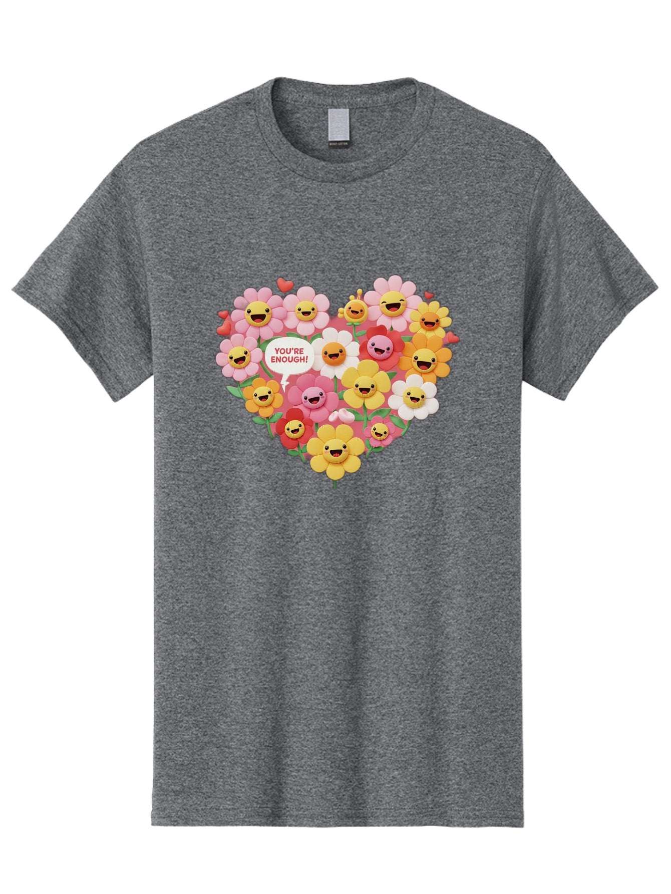 You-Re-Enough Men'S Graphic Tee, 100% Cotton, Comfortable Casual Summer Wear, Machine Washable, Heart-Shaped Arrangement Of Flowers, Smiling Emojis, Positive Affirmation, You'Re Enough, Cute Design, Floral Pattern, Uplifting Message, Bae333 14