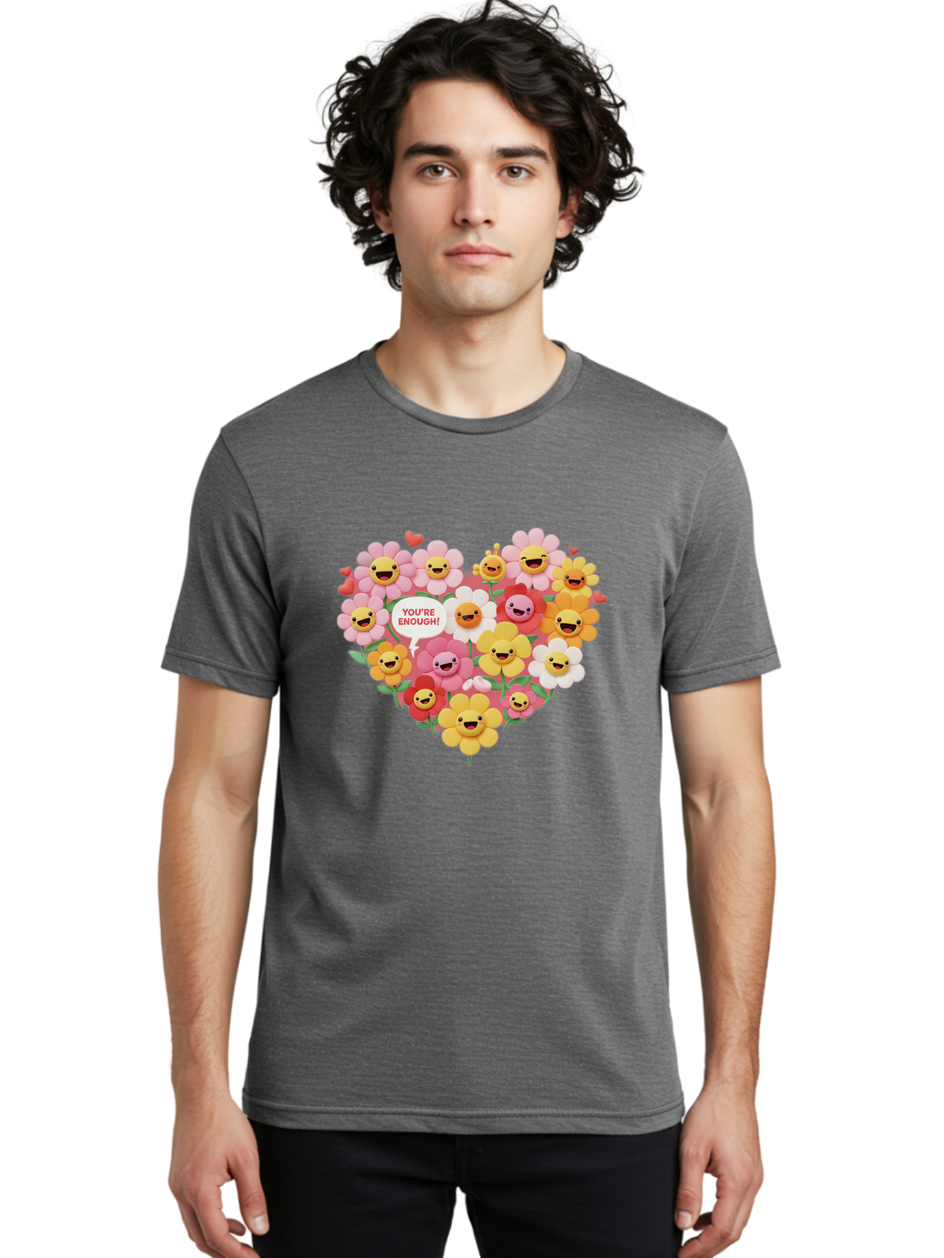 You-Re-Enough Men'S Graphic Tee, 100% Cotton, Comfortable Casual Summer Wear, Machine Washable, Heart-Shaped Arrangement Of Flowers, Smiling Emojis, Positive Affirmation, You'Re Enough, Cute Design, Floral Pattern, Uplifting Message, Bae333 17