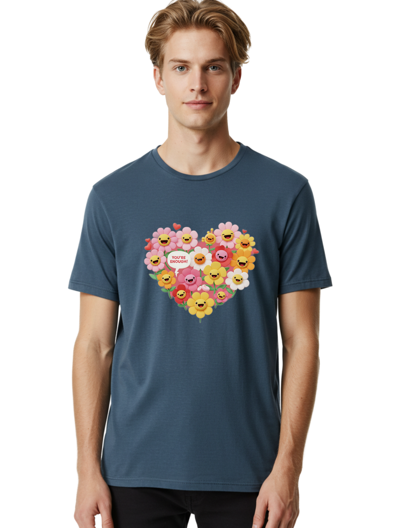 You-Re-Enough Men'S Graphic Tee, 100% Cotton, Comfortable Casual Summer Wear, Machine Washable, Heart-Shaped Arrangement Of Flowers, Smiling Emojis, Positive Affirmation, You'Re Enough, Cute Design, Floral Pattern, Uplifting Message, Bae333 20