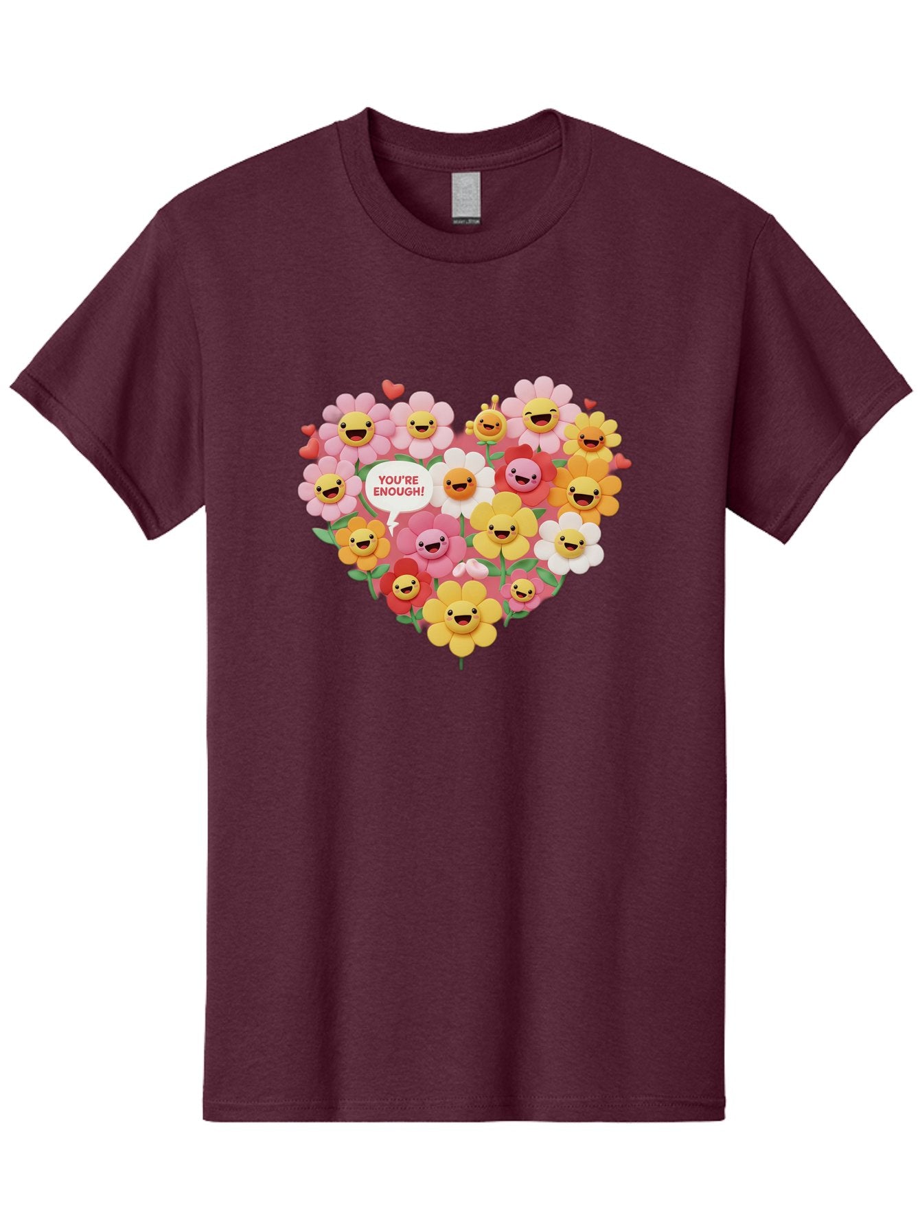 You-Re-Enough Men'S Graphic Tee, 100% Cotton, Comfortable Casual Summer Wear, Machine Washable, Heart-Shaped Arrangement Of Flowers, Smiling Emojis, Positive Affirmation, You'Re Enough, Cute Design, Floral Pattern, Uplifting Message, Bae333 15