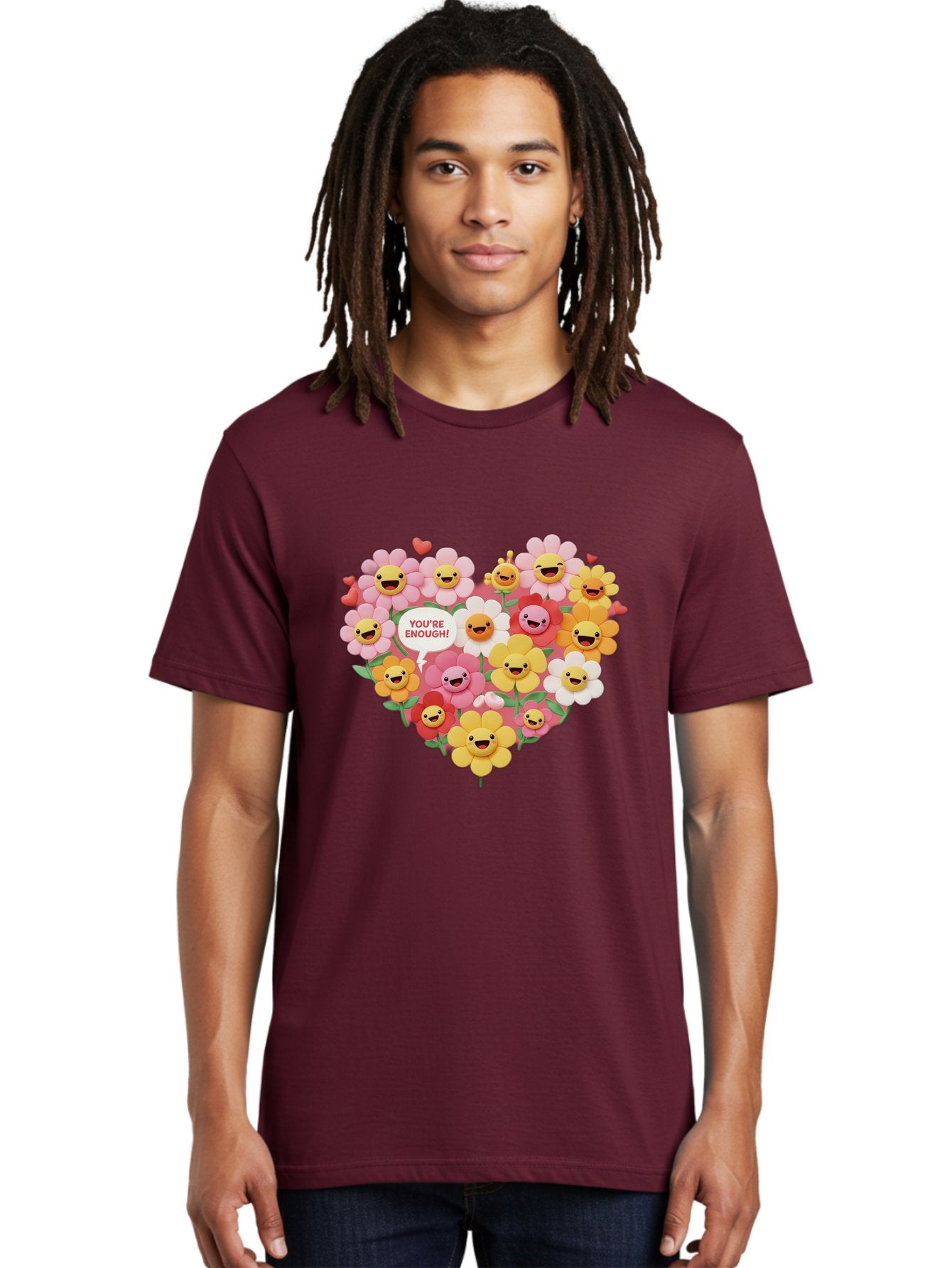 You-Re-Enough Men'S Graphic Tee, 100% Cotton, Comfortable Casual Summer Wear, Machine Washable, Heart-Shaped Arrangement Of Flowers, Smiling Emojis, Positive Affirmation, You'Re Enough, Cute Design, Floral Pattern, Uplifting Message, Bae333 30