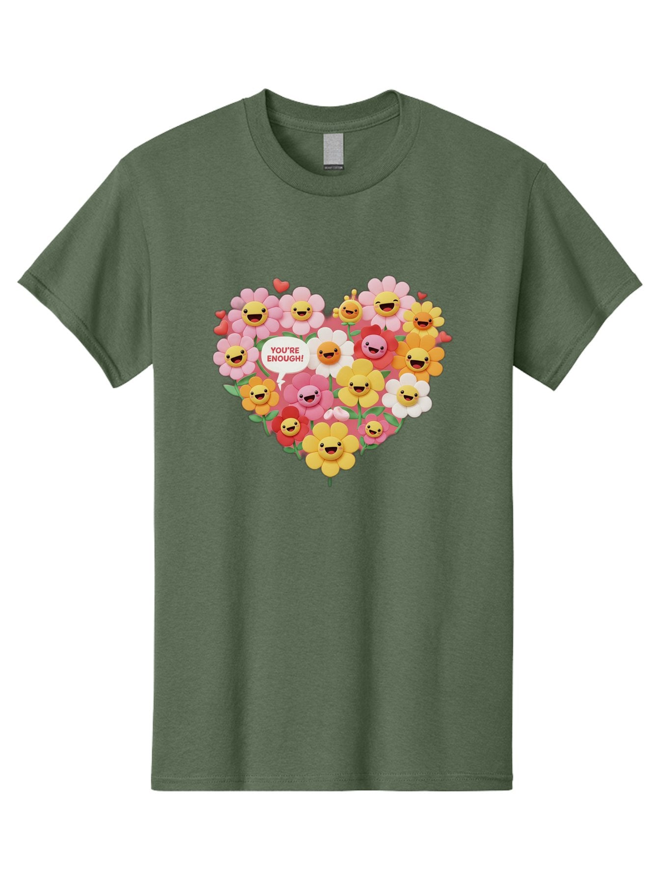 You-Re-Enough Men'S Graphic Tee, 100% Cotton, Comfortable Casual Summer Wear, Machine Washable, Heart-Shaped Arrangement Of Flowers, Smiling Emojis, Positive Affirmation, You'Re Enough, Cute Design, Floral Pattern, Uplifting Message, Bae333 12