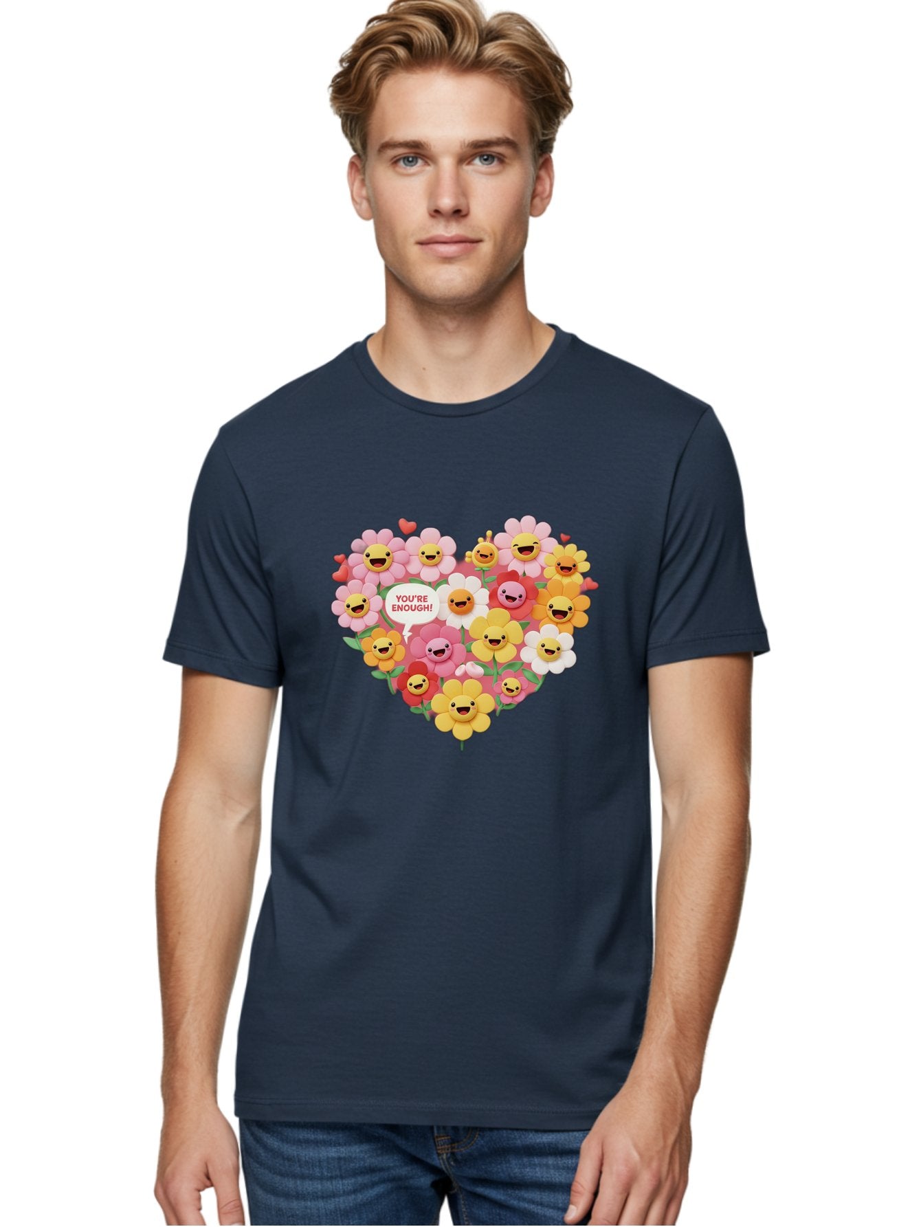 You-Re-Enough Men'S Graphic Tee, 100% Cotton, Comfortable Casual Summer Wear, Machine Washable, Heart-Shaped Arrangement Of Flowers, Smiling Emojis, Positive Affirmation, You'Re Enough, Cute Design, Floral Pattern, Uplifting Message, Bae333 17