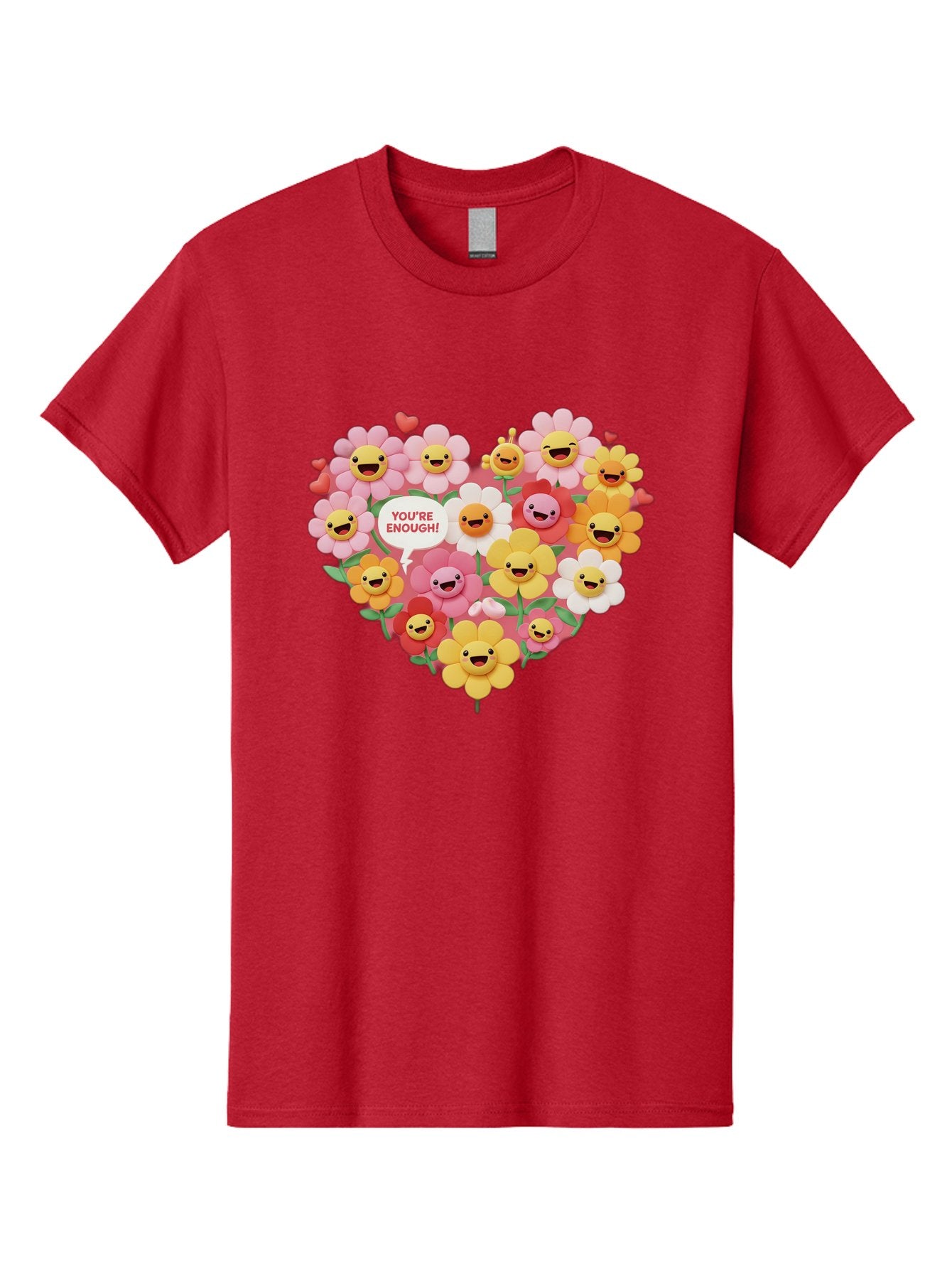 You-Re-Enough Men'S Graphic Tee, 100% Cotton, Comfortable Casual Summer Wear, Machine Washable, Heart-Shaped Arrangement Of Flowers, Smiling Emojis, Positive Affirmation, You'Re Enough, Cute Design, Floral Pattern, Uplifting Message, Bae333 5
