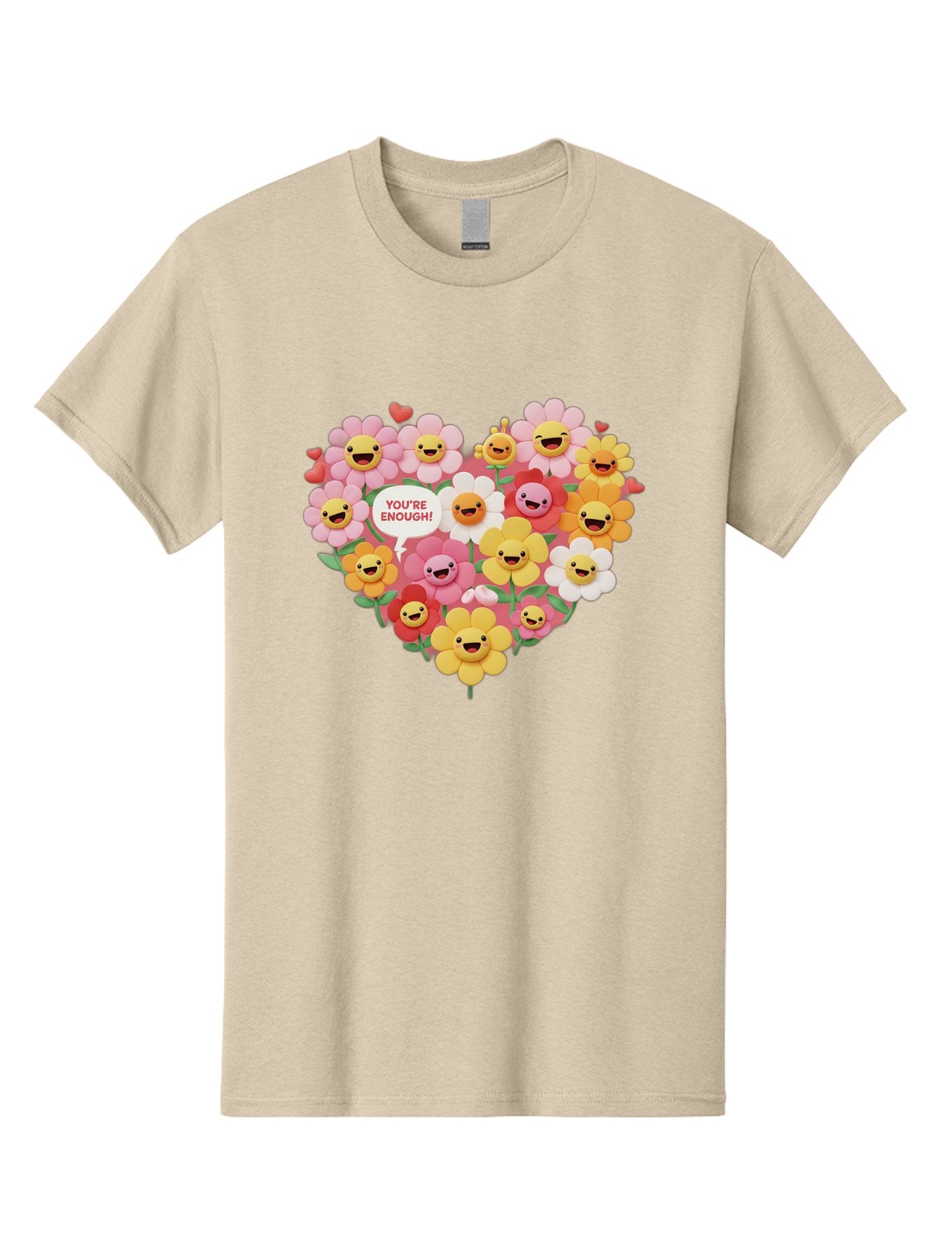 You-Re-Enough Men'S Graphic Tee, 100% Cotton, Comfortable Casual Summer Wear, Machine Washable, Heart-Shaped Arrangement Of Flowers, Smiling Emojis, Positive Affirmation, You'Re Enough, Cute Design, Floral Pattern, Uplifting Message, Bae333 3