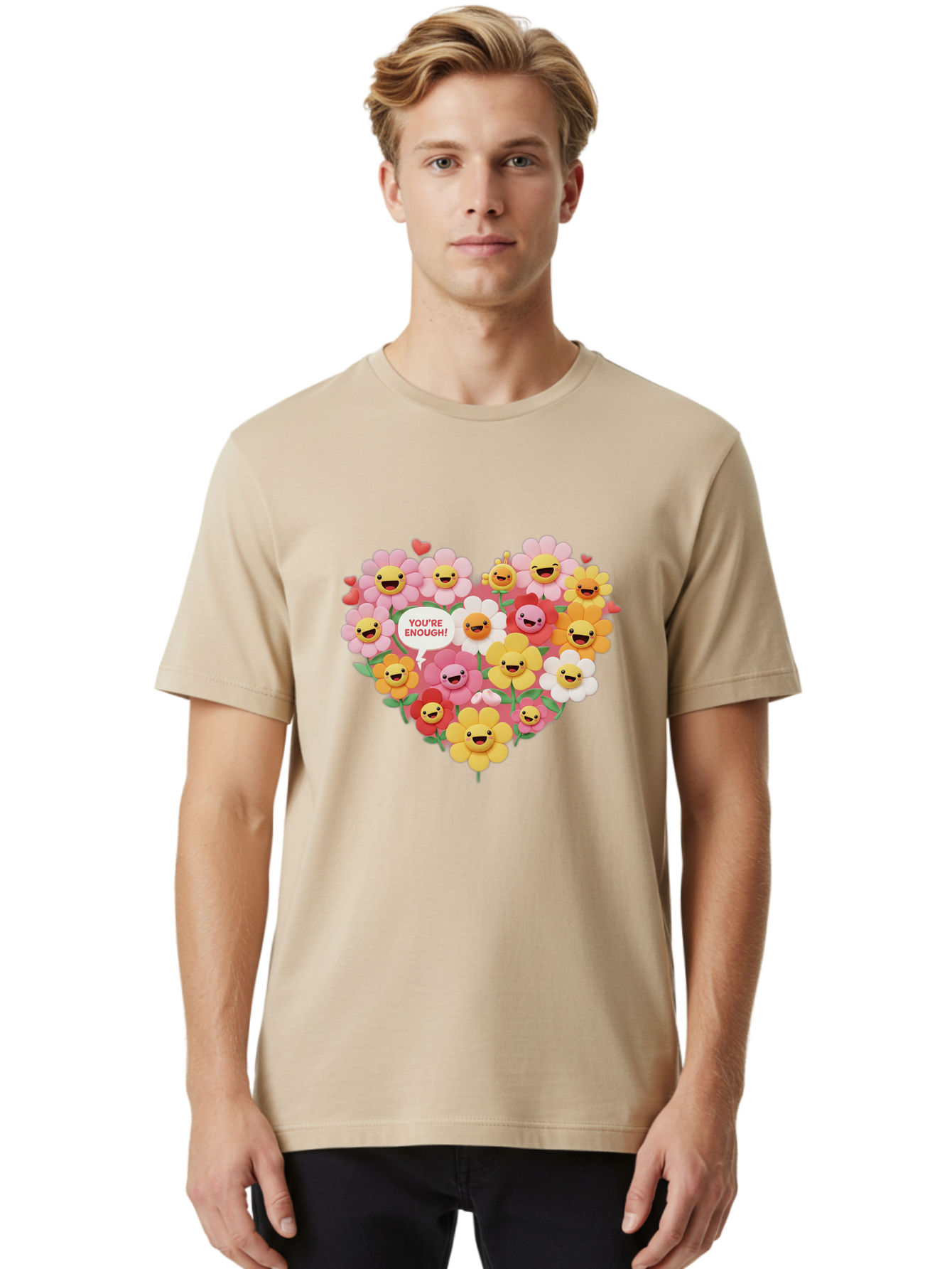 You-Re-Enough Men'S Graphic Tee, 100% Cotton, Comfortable Casual Summer Wear, Machine Washable, Heart-Shaped Arrangement Of Flowers, Smiling Emojis, Positive Affirmation, You'Re Enough, Cute Design, Floral Pattern, Uplifting Message, Bae333 24