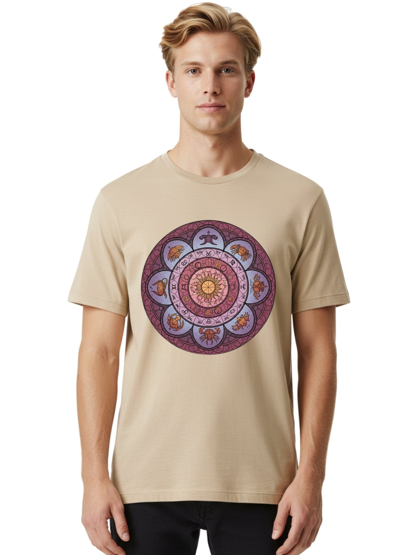 Zodiac-Circle-1 Men'S Graphic Tee, 100% Cotton, Comfortable Casual Summer Wear, Machine Washable, Zodiac Signs, Astrology Symbols, Celestial Wheel, Mandala Design, Spiritual Pattern, Mystical Art, Horoscope Chart, Esoteric Symbolism, Bae336 29