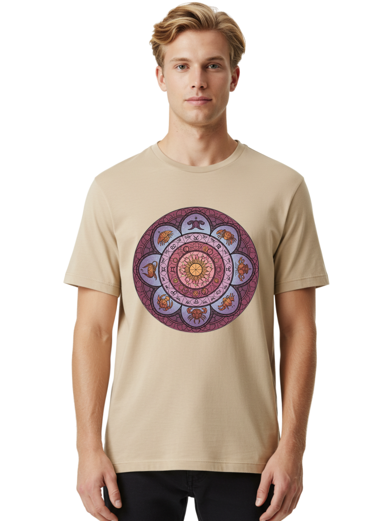 Zodiac-Circle-1 Men'S Graphic Tee, 100% Cotton, Comfortable Casual Summer Wear, Machine Washable, Zodiac Signs, Astrology Symbols, Celestial Wheel, Mandala Design, Spiritual Pattern, Mystical Art, Horoscope Chart, Esoteric Symbolism, Bae336 17