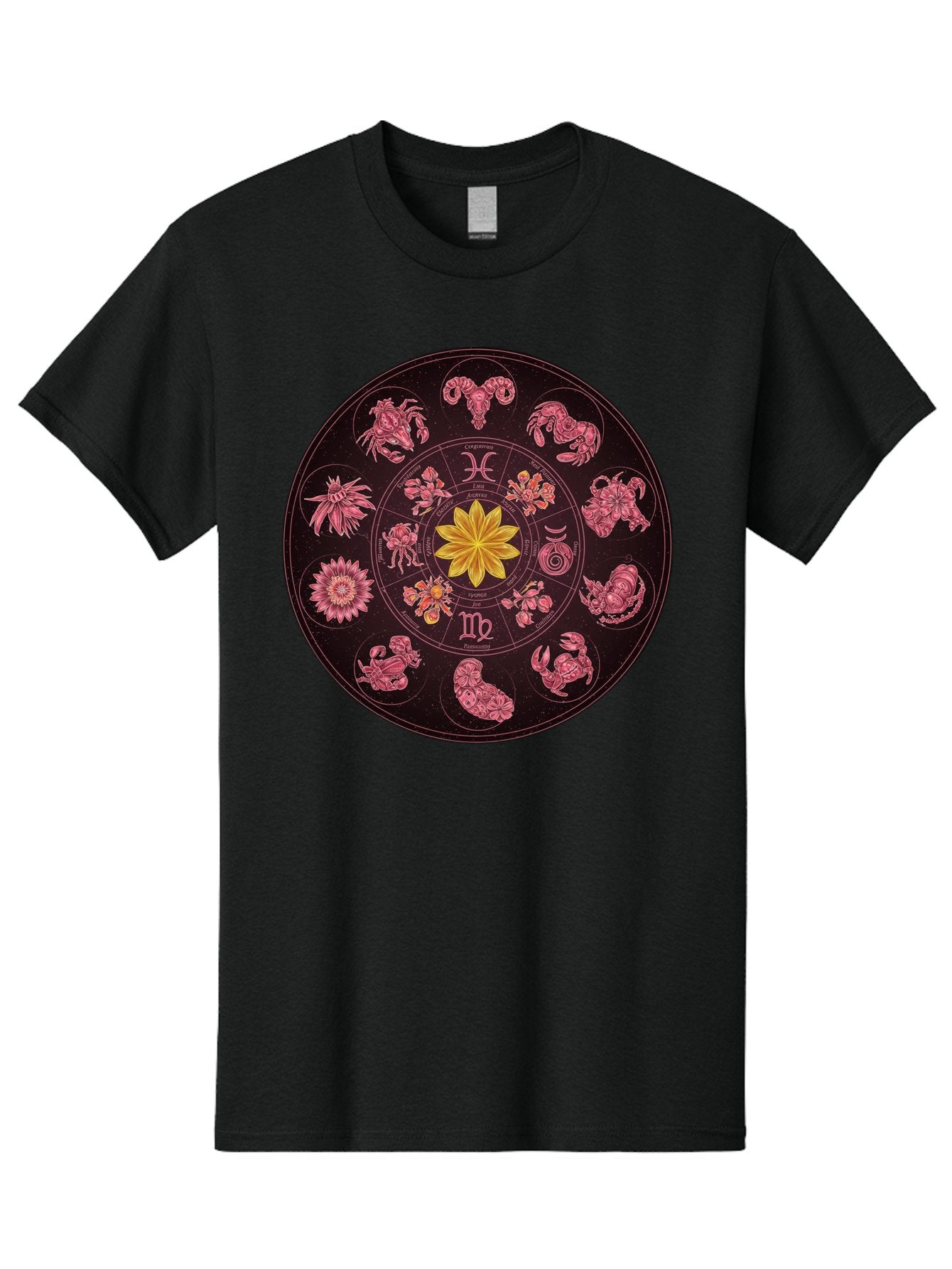 Zodiac-Circle Men'S Graphic Tee, 100% Cotton, Comfortable Casual Summer Wear, Machine Washable, Zodiac Wheel, Astrological Symbols, Floral Centerpiece, Mystical Design, Cancer, Capricorn, Virgo, Pink Illustrations, Yellow Flower, Esoteric Art, Bae337