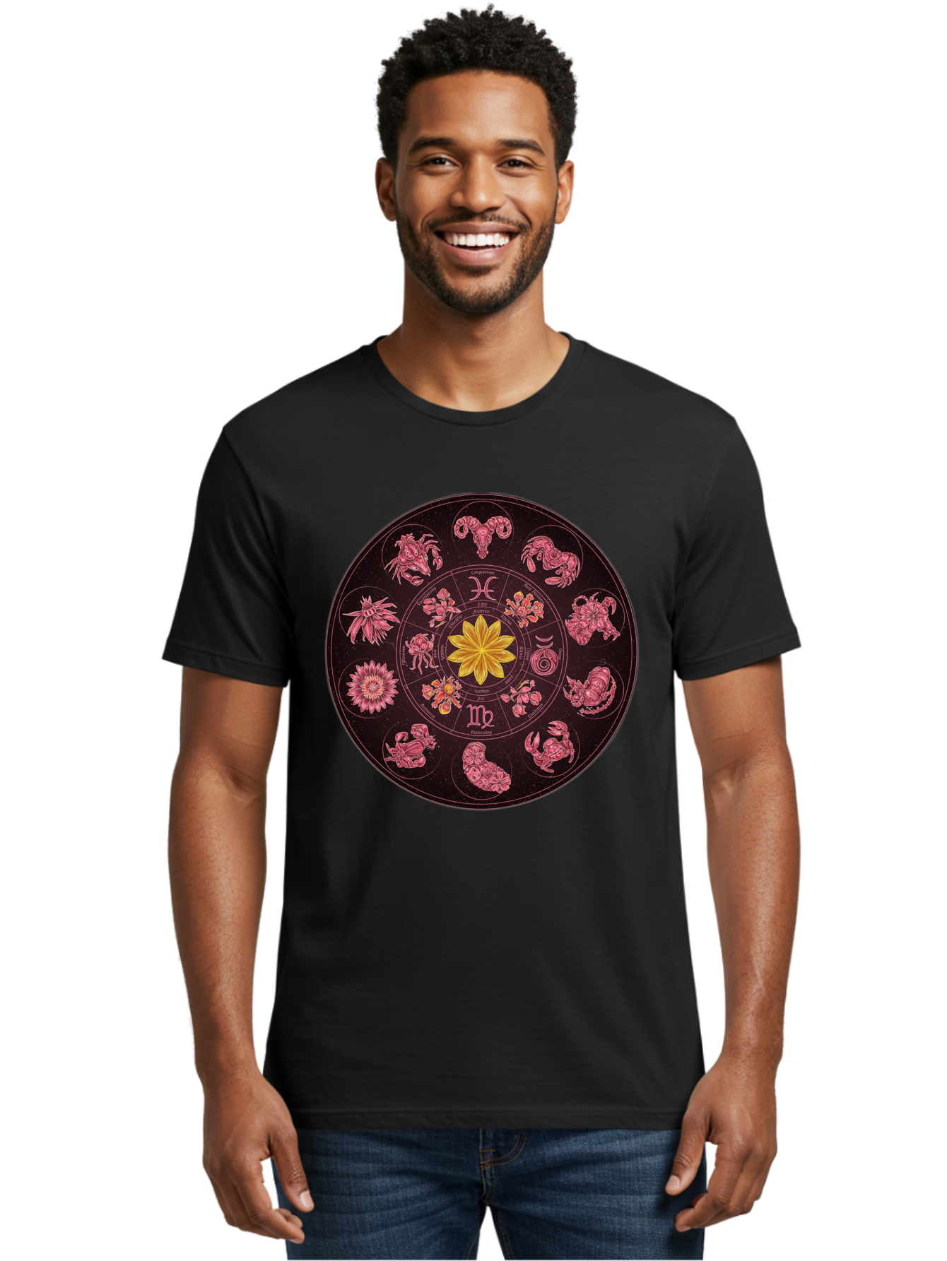 Zodiac-Circle Men'S Graphic Tee, 100% Cotton, Comfortable Casual Summer Wear, Machine Washable, Zodiac Wheel, Astrological Symbols, Floral Centerpiece, Mystical Design, Cancer, Capricorn, Virgo, Pink Illustrations, Yellow Flower, Esoteric Art, Bae337 25