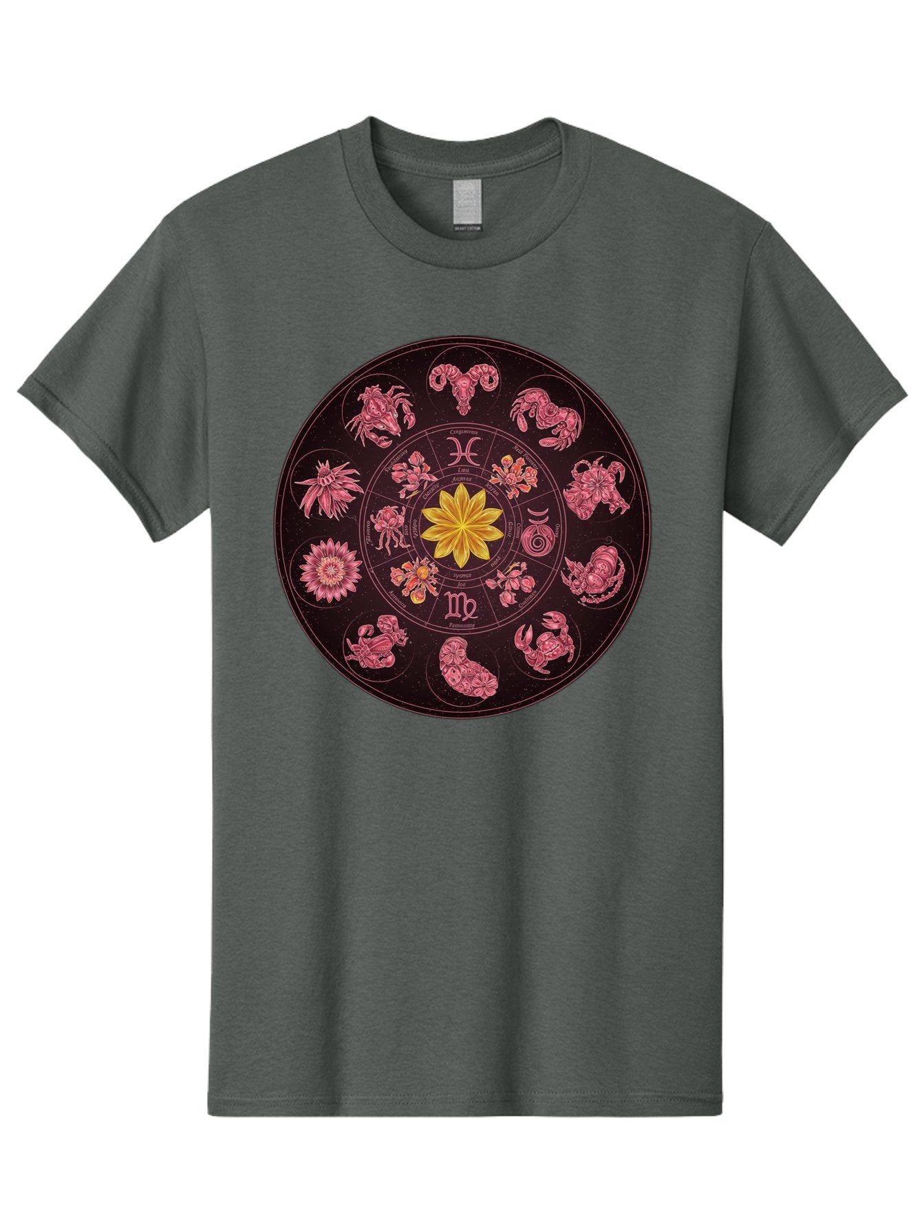 Zodiac-Circle Men'S Graphic Tee, 100% Cotton, Comfortable Casual Summer Wear, Machine Washable, Zodiac Wheel, Astrological Symbols, Floral Centerpiece, Mystical Design, Cancer, Capricorn, Virgo, Pink Illustrations, Yellow Flower, Esoteric Art, Bae337 7
