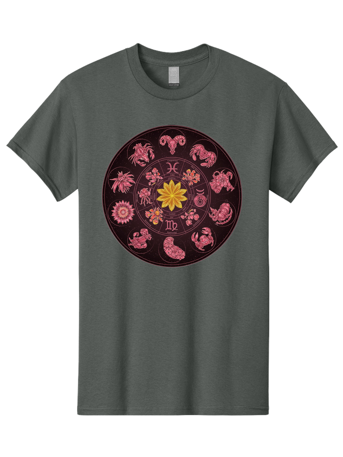 Zodiac-Circle Men'S Graphic Tee, 100% Cotton, Comfortable Casual Summer Wear, Machine Washable, Zodiac Wheel, Astrological Symbols, Floral Centerpiece, Mystical Design, Cancer, Capricorn, Virgo, Pink Illustrations, Yellow Flower, Esoteric Art, Bae337 13