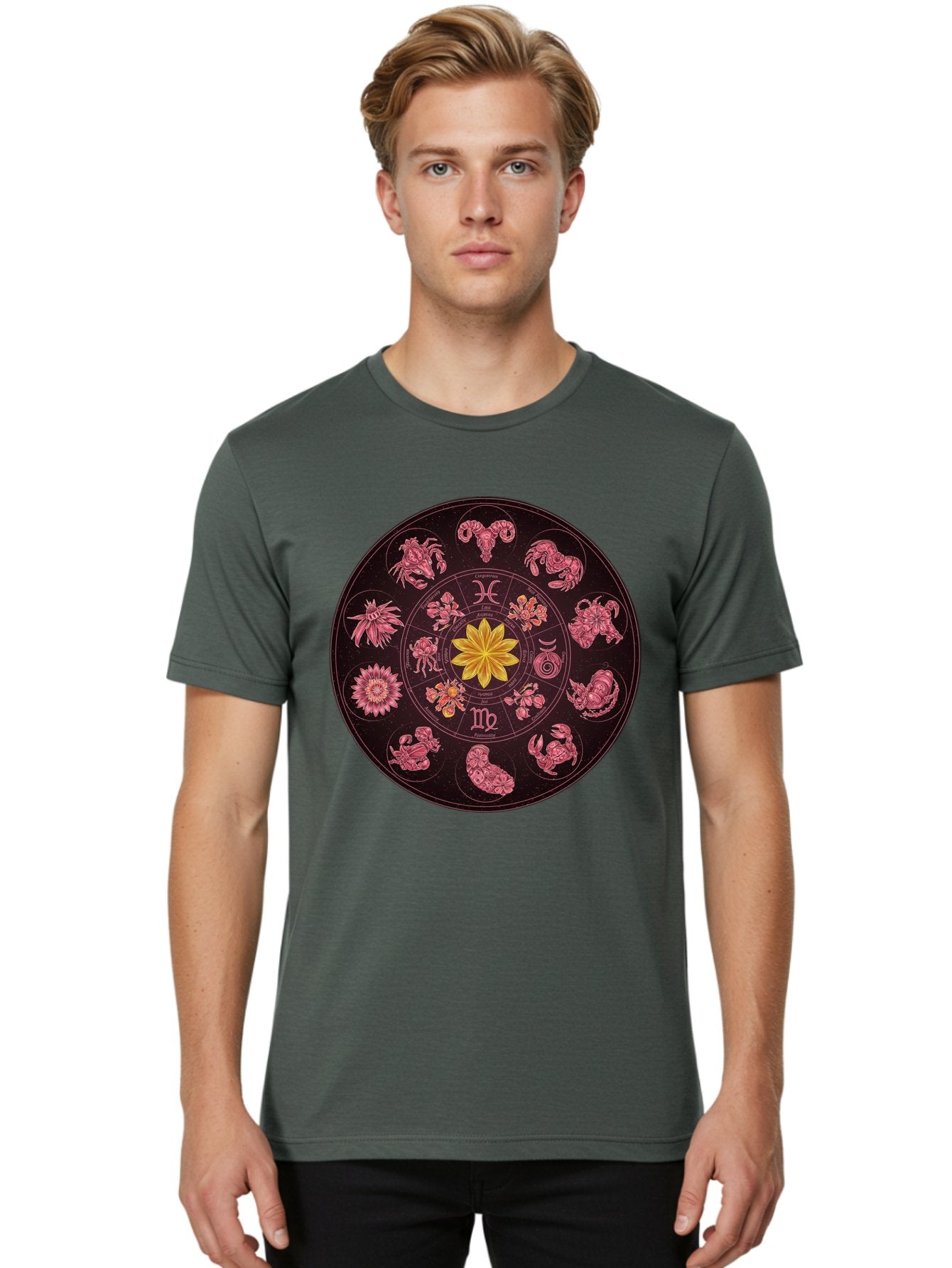 Zodiac-Circle Men'S Graphic Tee, 100% Cotton, Comfortable Casual Summer Wear, Machine Washable, Zodiac Wheel, Astrological Symbols, Floral Centerpiece, Mystical Design, Cancer, Capricorn, Virgo, Pink Illustrations, Yellow Flower, Esoteric Art, Bae337 16