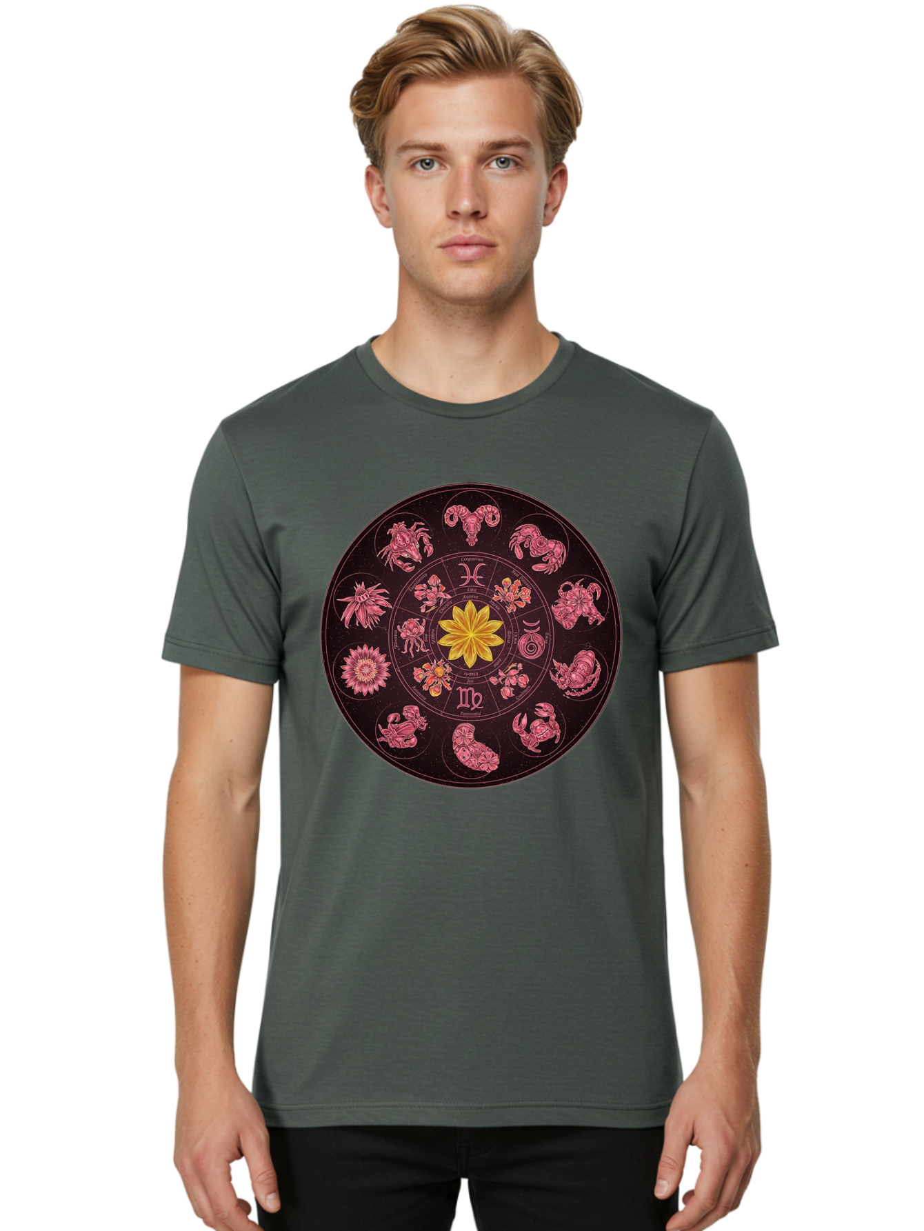 Zodiac-Circle Men'S Graphic Tee, 100% Cotton, Comfortable Casual Summer Wear, Machine Washable, Zodiac Wheel, Astrological Symbols, Floral Centerpiece, Mystical Design, Cancer, Capricorn, Virgo, Pink Illustrations, Yellow Flower, Esoteric Art, Bae337 28