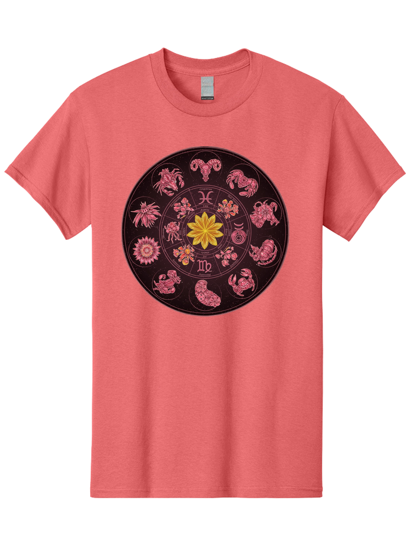 Zodiac-Circle Men'S Graphic Tee, 100% Cotton, Comfortable Casual Summer Wear, Machine Washable, Zodiac Wheel, Astrological Symbols, Floral Centerpiece, Mystical Design, Cancer, Capricorn, Virgo, Pink Illustrations, Yellow Flower, Esoteric Art, Bae337 6