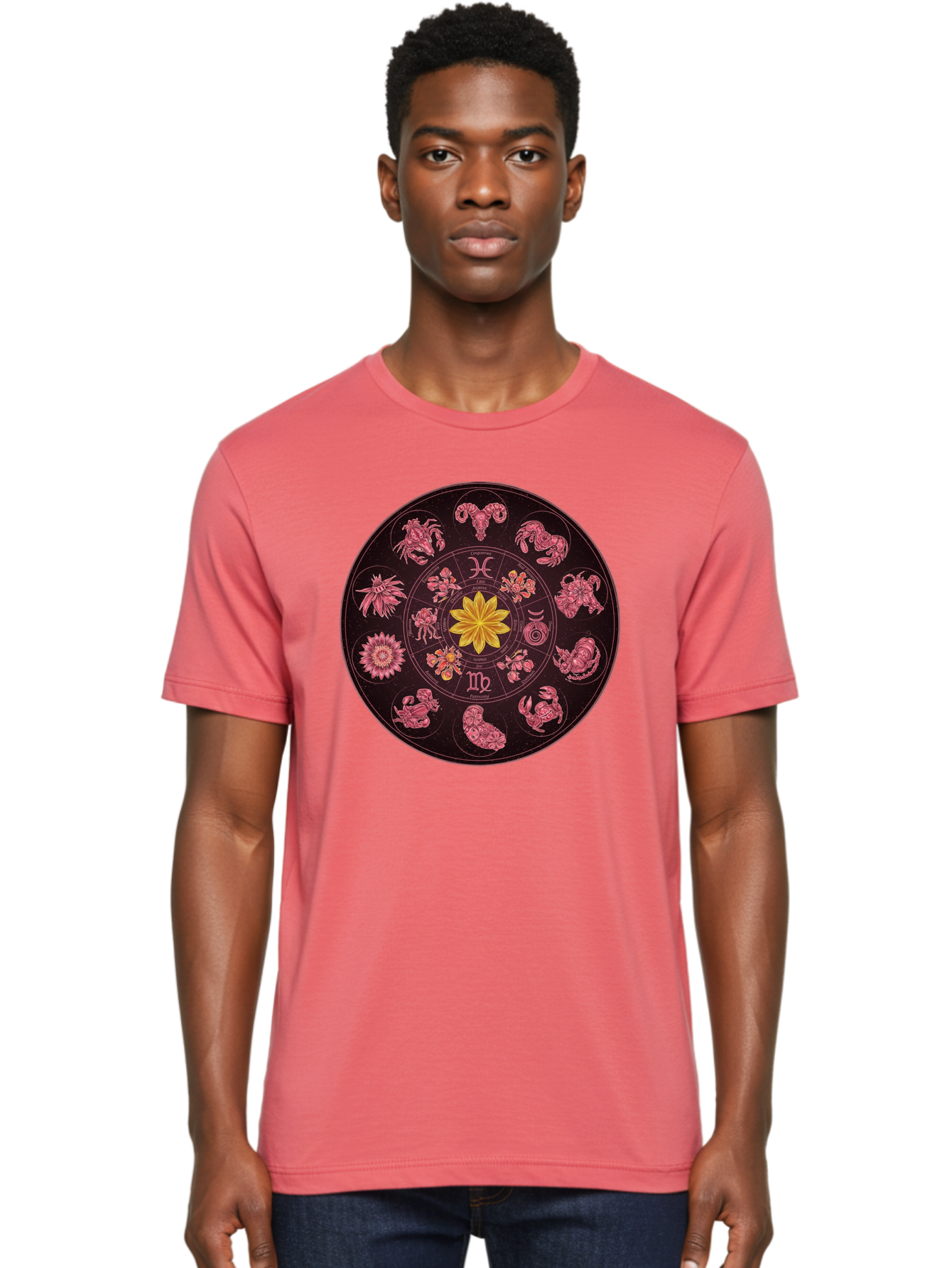 Zodiac-Circle Men'S Graphic Tee, 100% Cotton, Comfortable Casual Summer Wear, Machine Washable, Zodiac Wheel, Astrological Symbols, Floral Centerpiece, Mystical Design, Cancer, Capricorn, Virgo, Pink Illustrations, Yellow Flower, Esoteric Art, Bae337 21