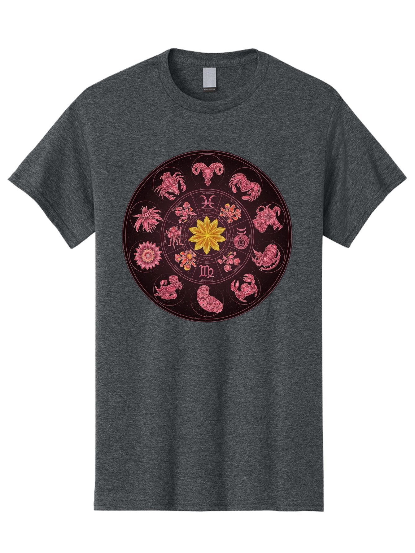 Zodiac-Circle Men'S Graphic Tee, 100% Cotton, Comfortable Casual Summer Wear, Machine Washable, Zodiac Wheel, Astrological Symbols, Floral Centerpiece, Mystical Design, Cancer, Capricorn, Virgo, Pink Illustrations, Yellow Flower, Esoteric Art, Bae337 6