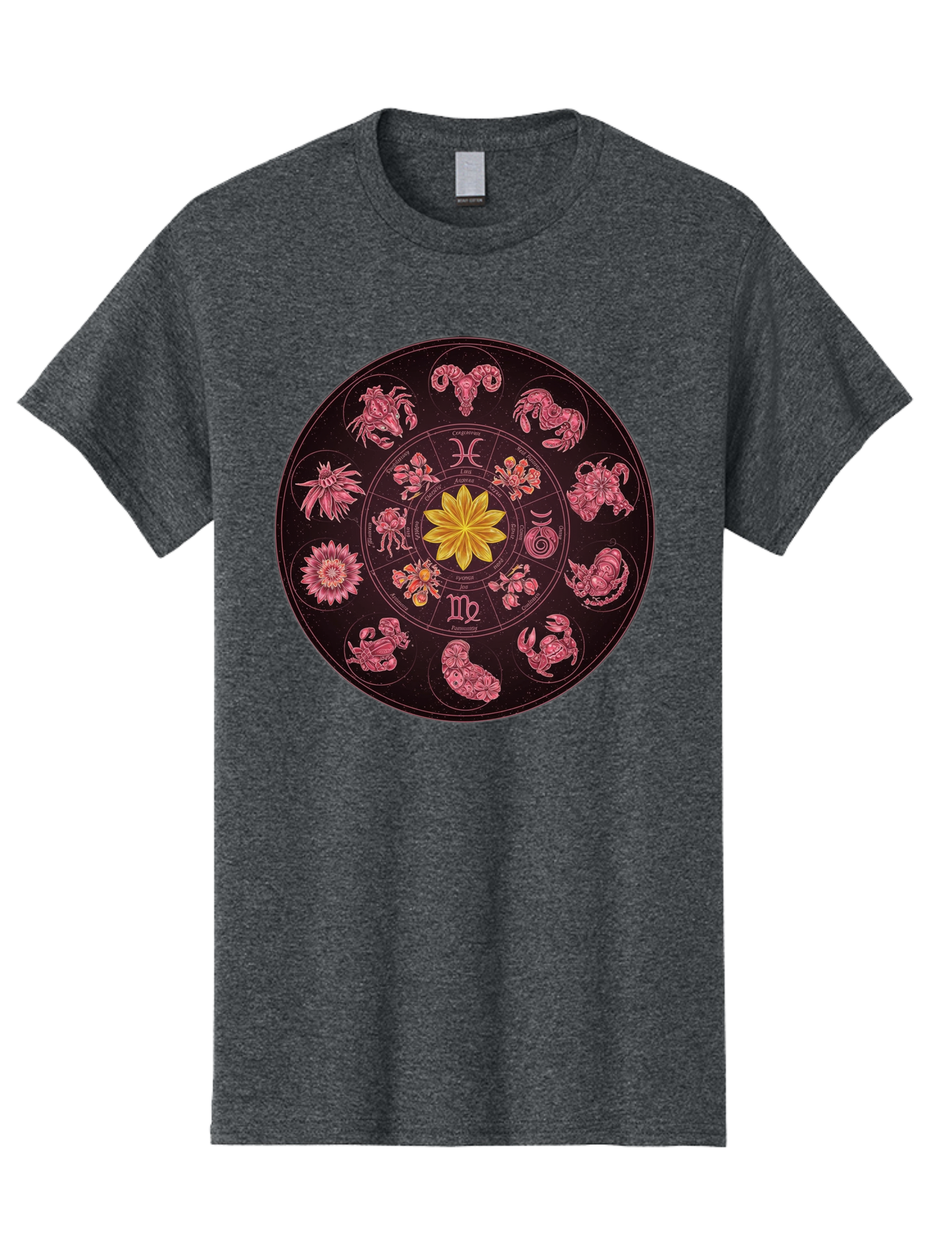 Zodiac-Circle Men'S Graphic Tee, 100% Cotton, Comfortable Casual Summer Wear, Machine Washable, Zodiac Wheel, Astrological Symbols, Floral Centerpiece, Mystical Design, Cancer, Capricorn, Virgo, Pink Illustrations, Yellow Flower, Esoteric Art, Bae337 7