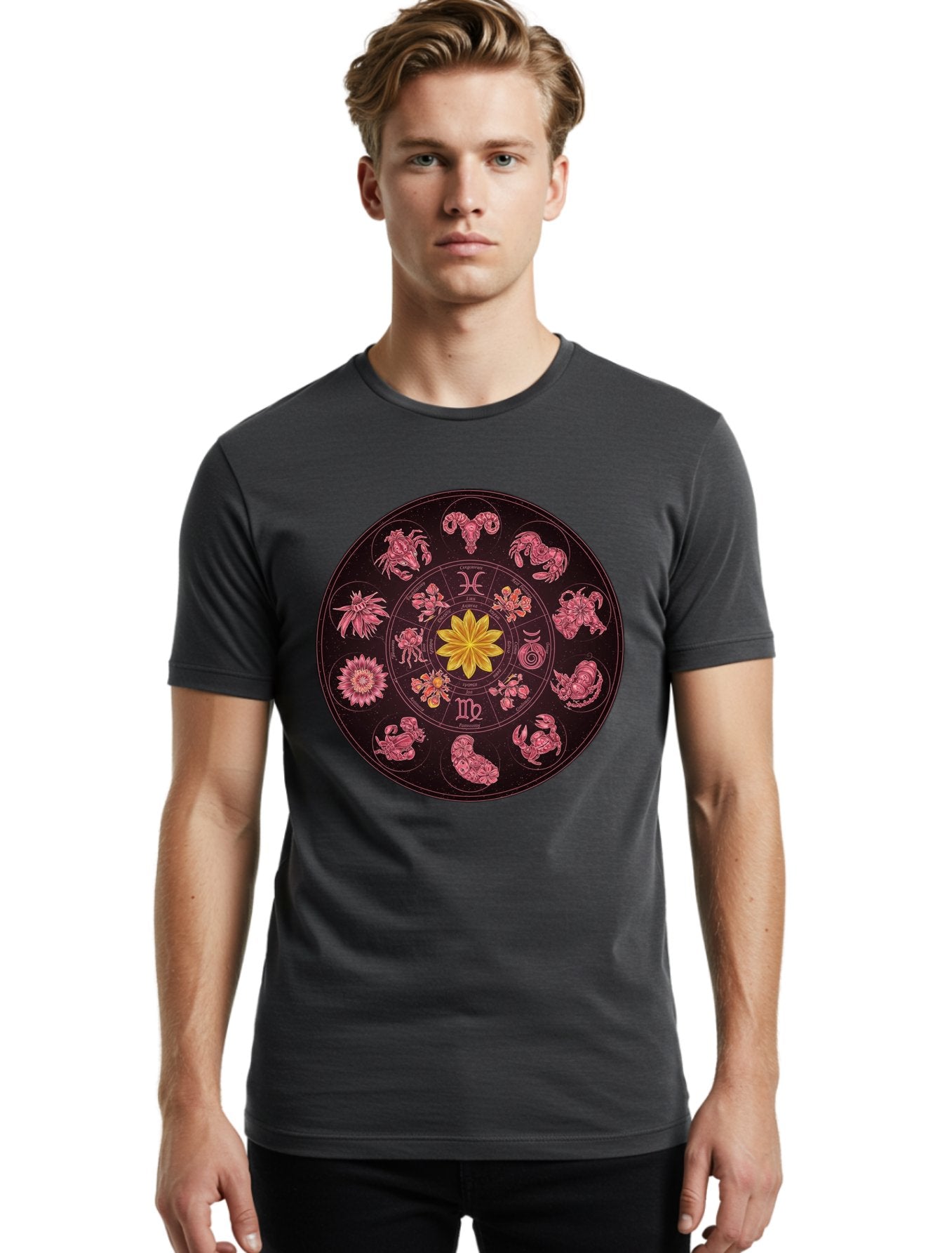 Zodiac-Circle Men'S Graphic Tee, 100% Cotton, Comfortable Casual Summer Wear, Machine Washable, Zodiac Wheel, Astrological Symbols, Floral Centerpiece, Mystical Design, Cancer, Capricorn, Virgo, Pink Illustrations, Yellow Flower, Esoteric Art, Bae337 24