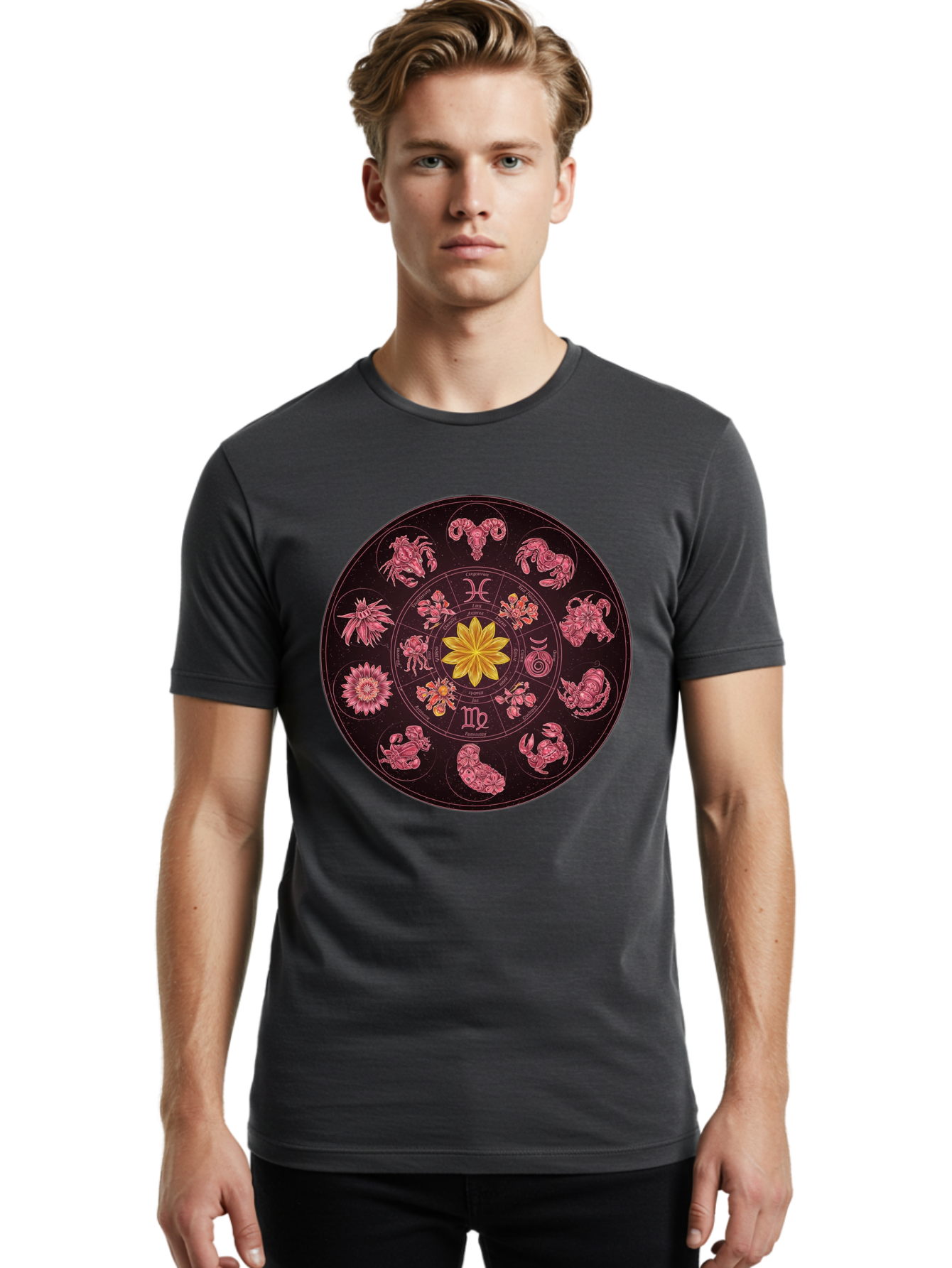 Zodiac-Circle Men'S Graphic Tee, 100% Cotton, Comfortable Casual Summer Wear, Machine Washable, Zodiac Wheel, Astrological Symbols, Floral Centerpiece, Mystical Design, Cancer, Capricorn, Virgo, Pink Illustrations, Yellow Flower, Esoteric Art, Bae337 22