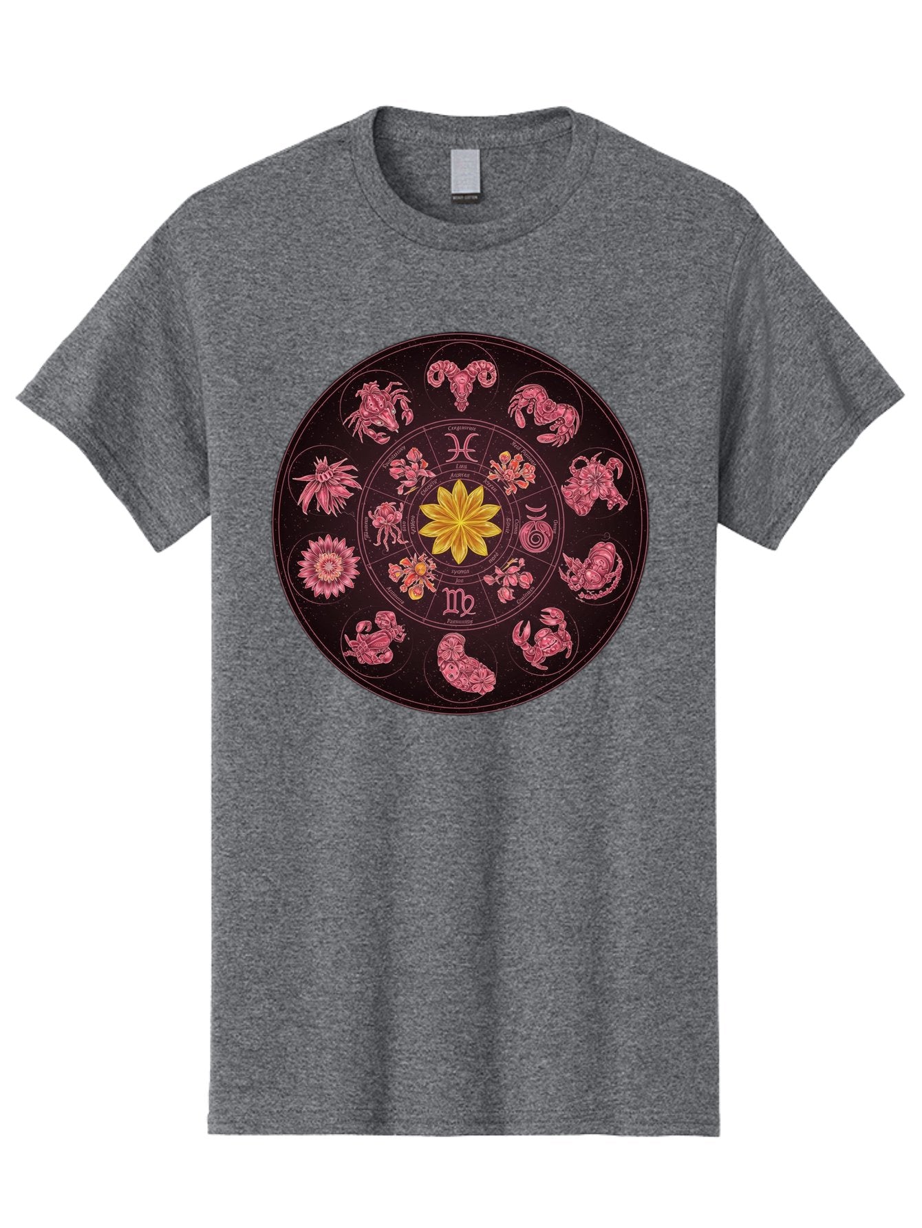 Zodiac-Circle Men'S Graphic Tee, 100% Cotton, Comfortable Casual Summer Wear, Machine Washable, Zodiac Wheel, Astrological Symbols, Floral Centerpiece, Mystical Design, Cancer, Capricorn, Virgo, Pink Illustrations, Yellow Flower, Esoteric Art, Bae337 14