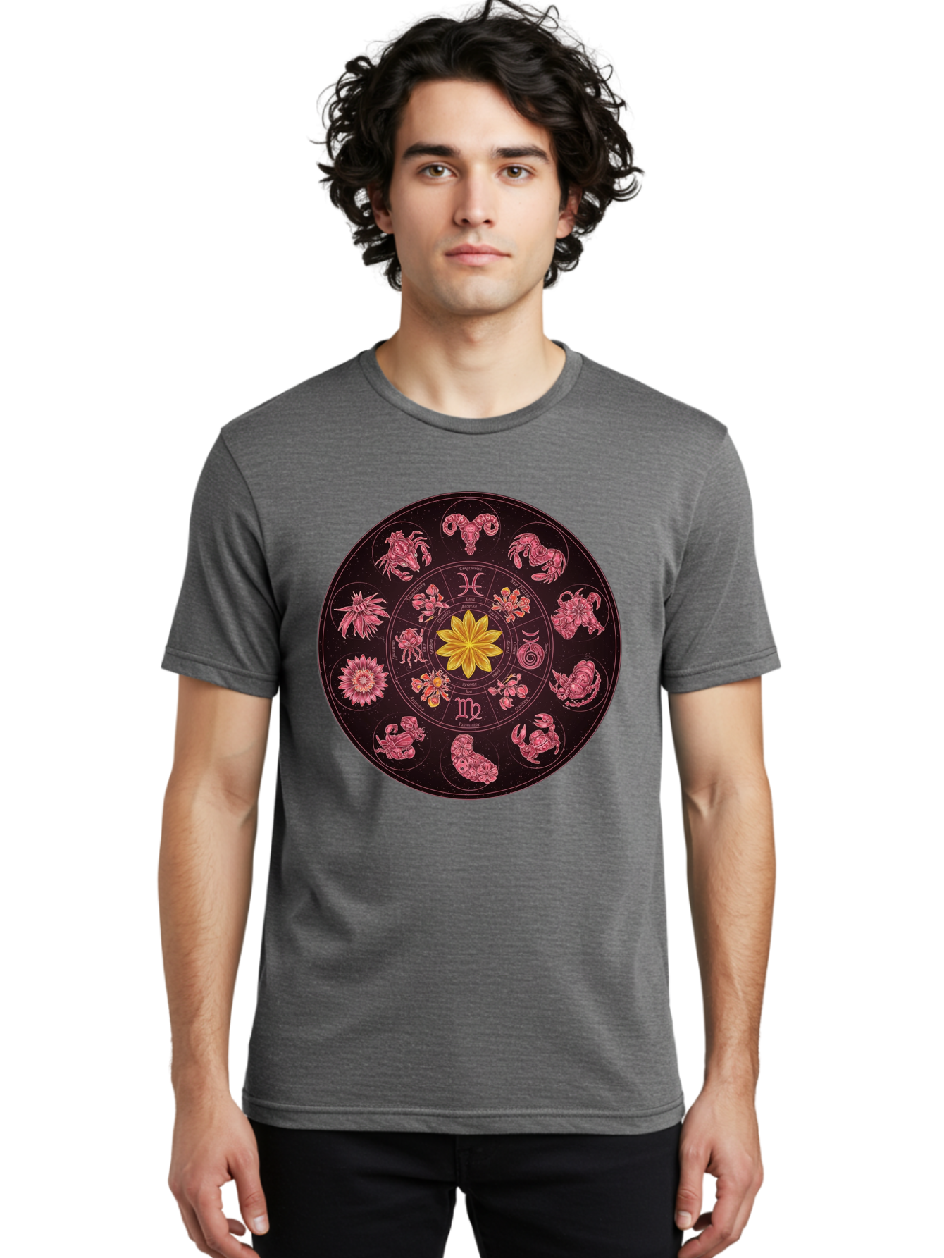 Zodiac-Circle Men'S Graphic Tee, 100% Cotton, Comfortable Casual Summer Wear, Machine Washable, Zodiac Wheel, Astrological Symbols, Floral Centerpiece, Mystical Design, Cancer, Capricorn, Virgo, Pink Illustrations, Yellow Flower, Esoteric Art, Bae337 17