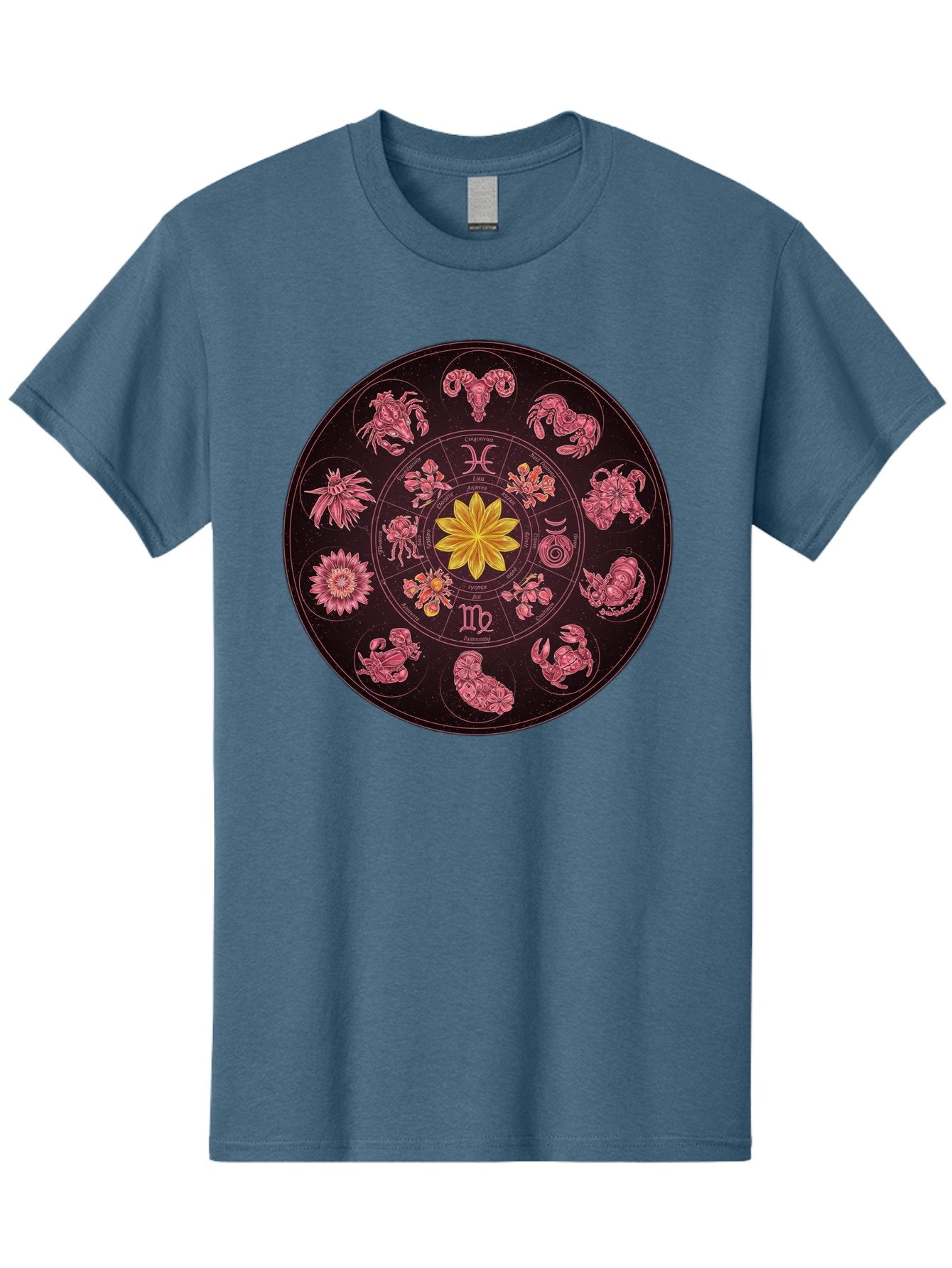 Zodiac-Circle Men'S Graphic Tee, 100% Cotton, Comfortable Casual Summer Wear, Machine Washable, Zodiac Wheel, Astrological Symbols, Floral Centerpiece, Mystical Design, Cancer, Capricorn, Virgo, Pink Illustrations, Yellow Flower, Esoteric Art, Bae337 12