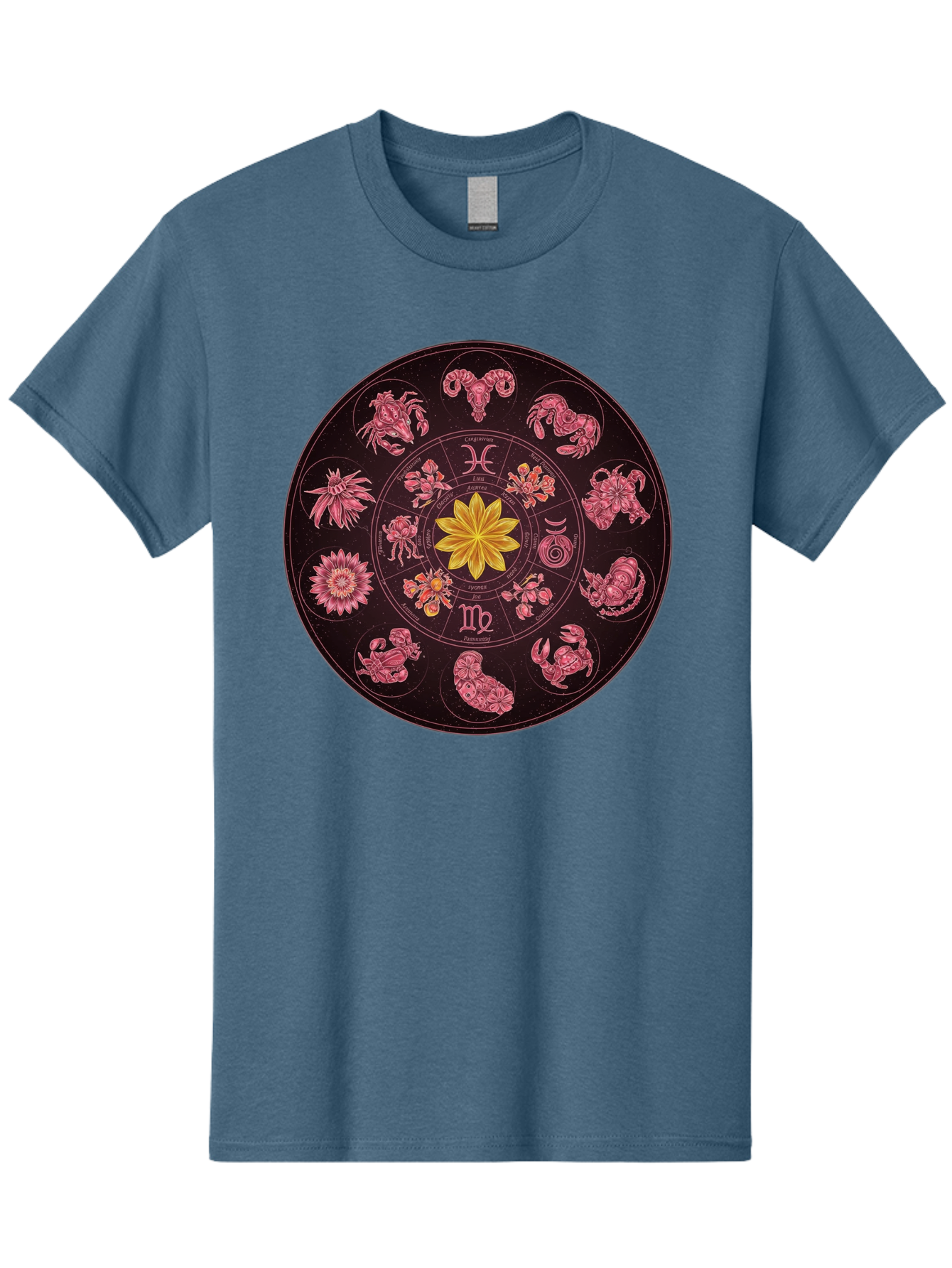 Zodiac-Circle Men'S Graphic Tee, 100% Cotton, Comfortable Casual Summer Wear, Machine Washable, Zodiac Wheel, Astrological Symbols, Floral Centerpiece, Mystical Design, Cancer, Capricorn, Virgo, Pink Illustrations, Yellow Flower, Esoteric Art, Bae337 3