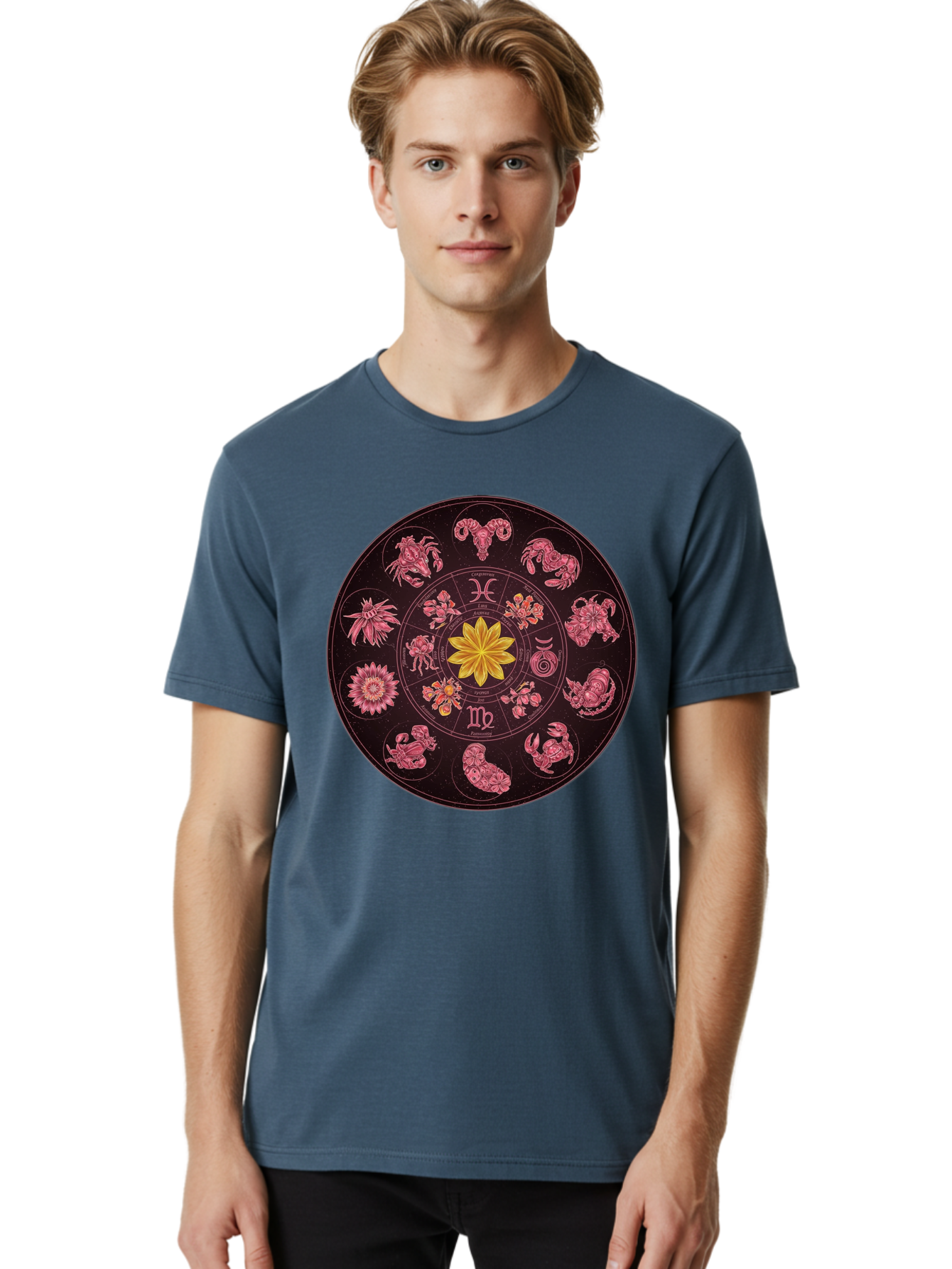 Zodiac-Circle Men'S Graphic Tee, 100% Cotton, Comfortable Casual Summer Wear, Machine Washable, Zodiac Wheel, Astrological Symbols, Floral Centerpiece, Mystical Design, Cancer, Capricorn, Virgo, Pink Illustrations, Yellow Flower, Esoteric Art, Bae337 18
