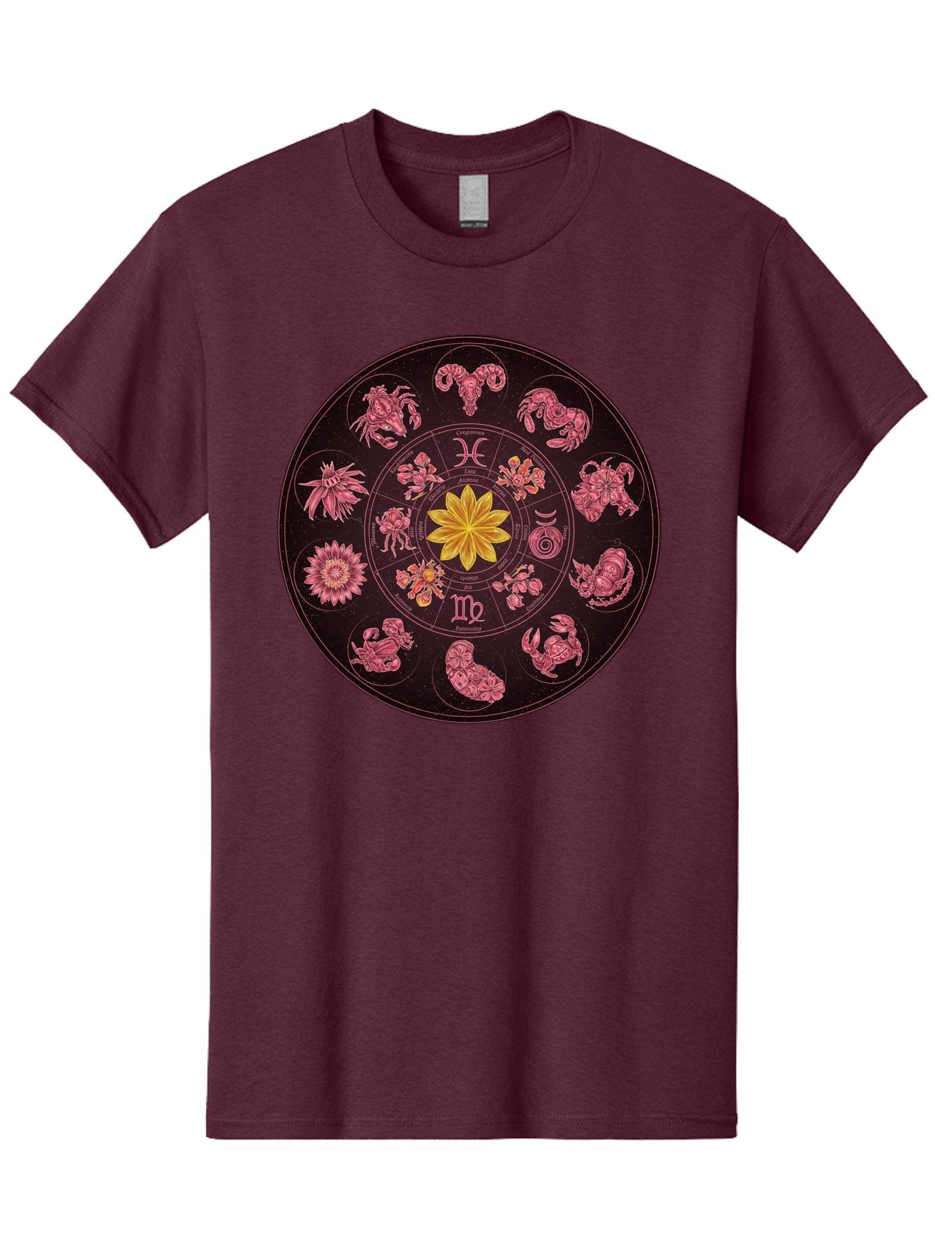 Zodiac-Circle Men'S Graphic Tee, 100% Cotton, Comfortable Casual Summer Wear, Machine Washable, Zodiac Wheel, Astrological Symbols, Floral Centerpiece, Mystical Design, Cancer, Capricorn, Virgo, Pink Illustrations, Yellow Flower, Esoteric Art, Bae337 10