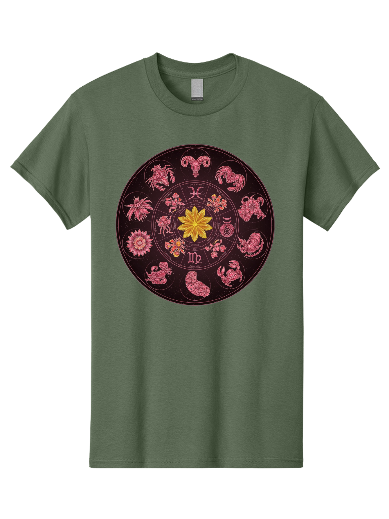 Zodiac-Circle Men'S Graphic Tee, 100% Cotton, Comfortable Casual Summer Wear, Machine Washable, Zodiac Wheel, Astrological Symbols, Floral Centerpiece, Mystical Design, Cancer, Capricorn, Virgo, Pink Illustrations, Yellow Flower, Esoteric Art, Bae337 15