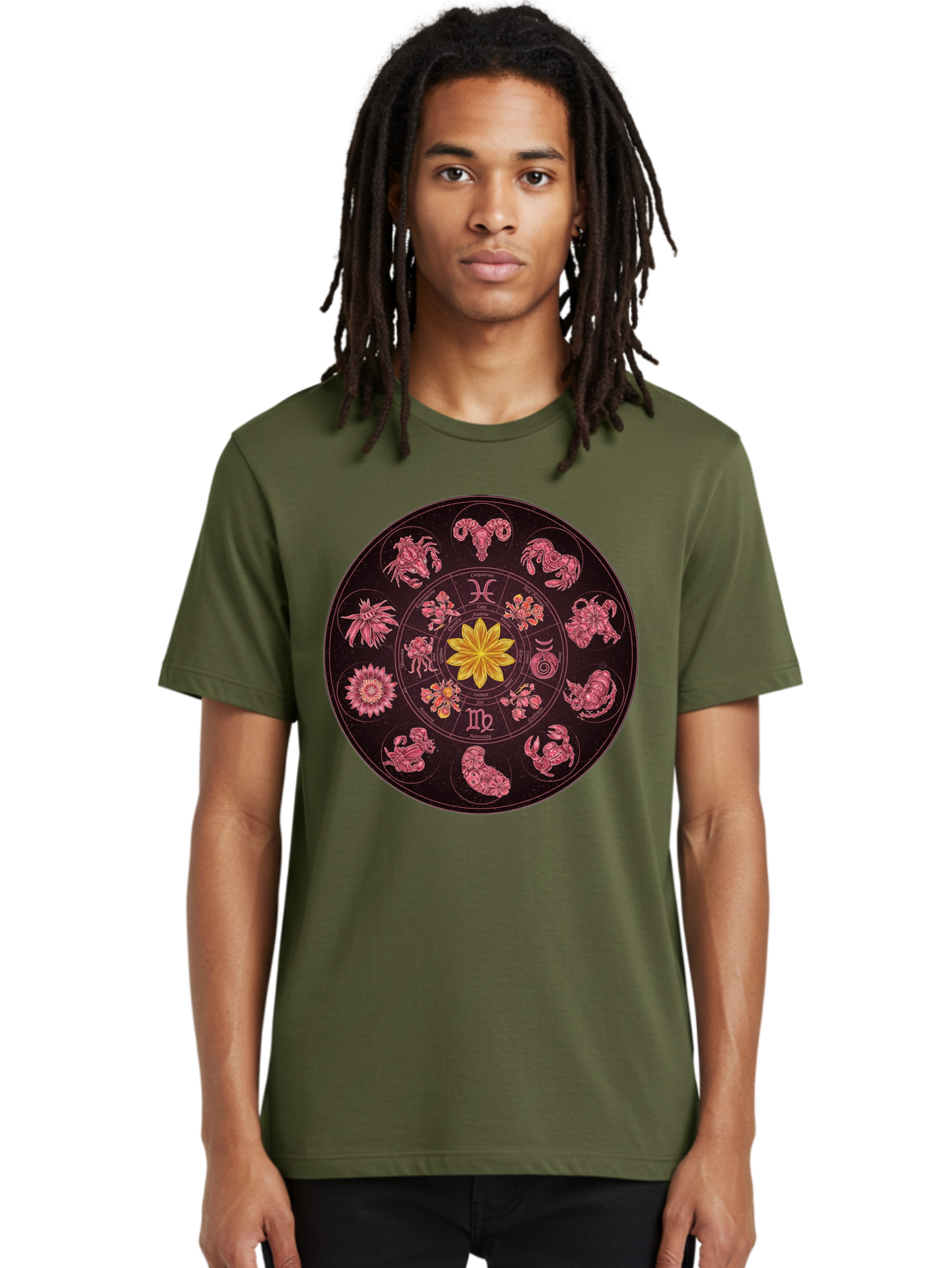 Zodiac-Circle Men'S Graphic Tee, 100% Cotton, Comfortable Casual Summer Wear, Machine Washable, Zodiac Wheel, Astrological Symbols, Floral Centerpiece, Mystical Design, Cancer, Capricorn, Virgo, Pink Illustrations, Yellow Flower, Esoteric Art, Bae337 30