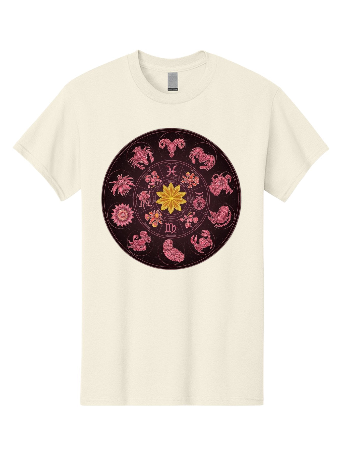 Zodiac-Circle Men'S Graphic Tee, 100% Cotton, Comfortable Casual Summer Wear, Machine Washable, Zodiac Wheel, Astrological Symbols, Floral Centerpiece, Mystical Design, Cancer, Capricorn, Virgo, Pink Illustrations, Yellow Flower, Esoteric Art, Bae337 4