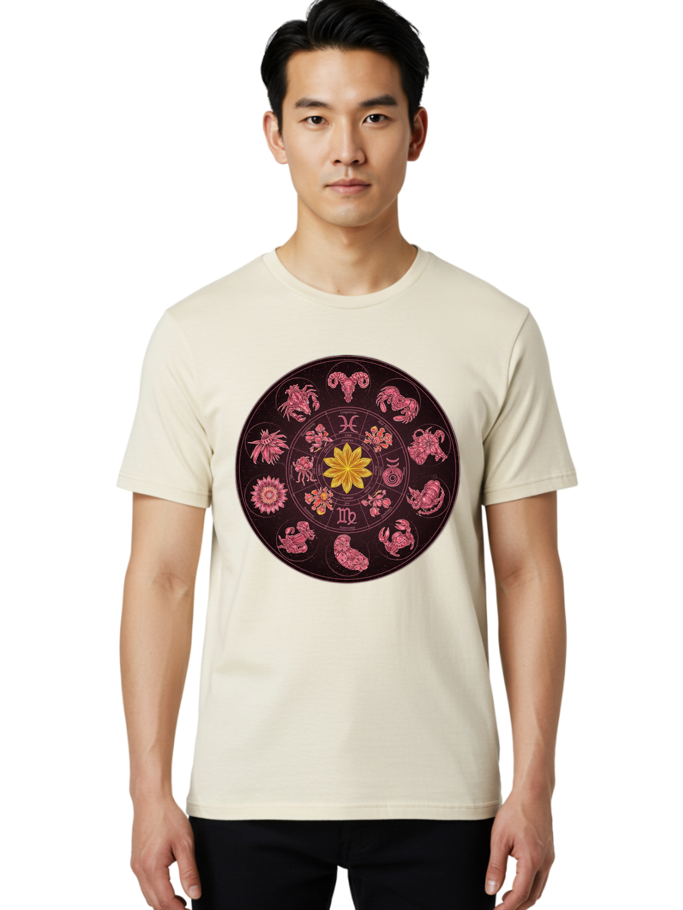 Zodiac-Circle Men'S Graphic Tee, 100% Cotton, Comfortable Casual Summer Wear, Machine Washable, Zodiac Wheel, Astrological Symbols, Floral Centerpiece, Mystical Design, Cancer, Capricorn, Virgo, Pink Illustrations, Yellow Flower, Esoteric Art, Bae337 27